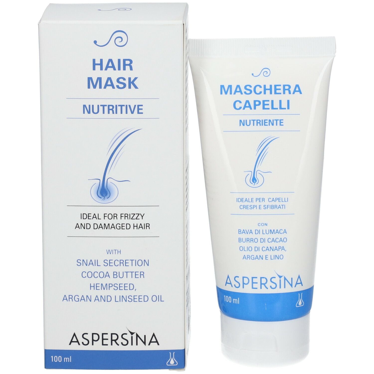 Emballage du produit avec tube. Boîte et tube. Marque : ASPERSINA. Texte : Hair Mask, Nutritive. 100 ml.