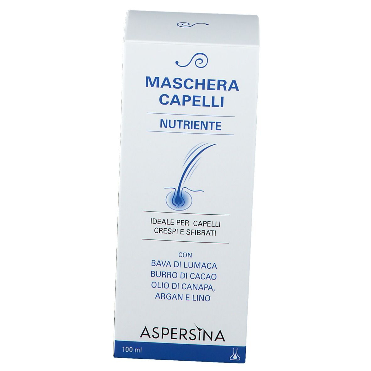 Emballage en carton. Texte : Maschera Capelli, Nutriente. Marque : ASPERSINA. 100 ml.