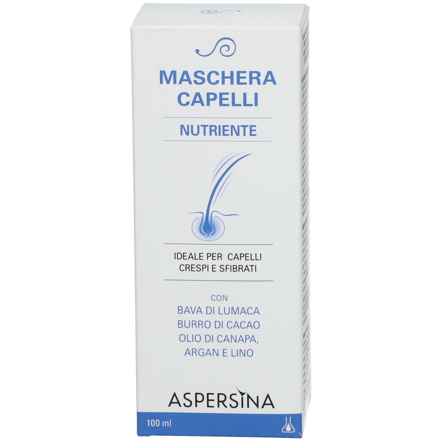 Emballage en carton. Texte : Maschera Capelli, Nutriente. Marque : ASPERSINA. 100 ml.
