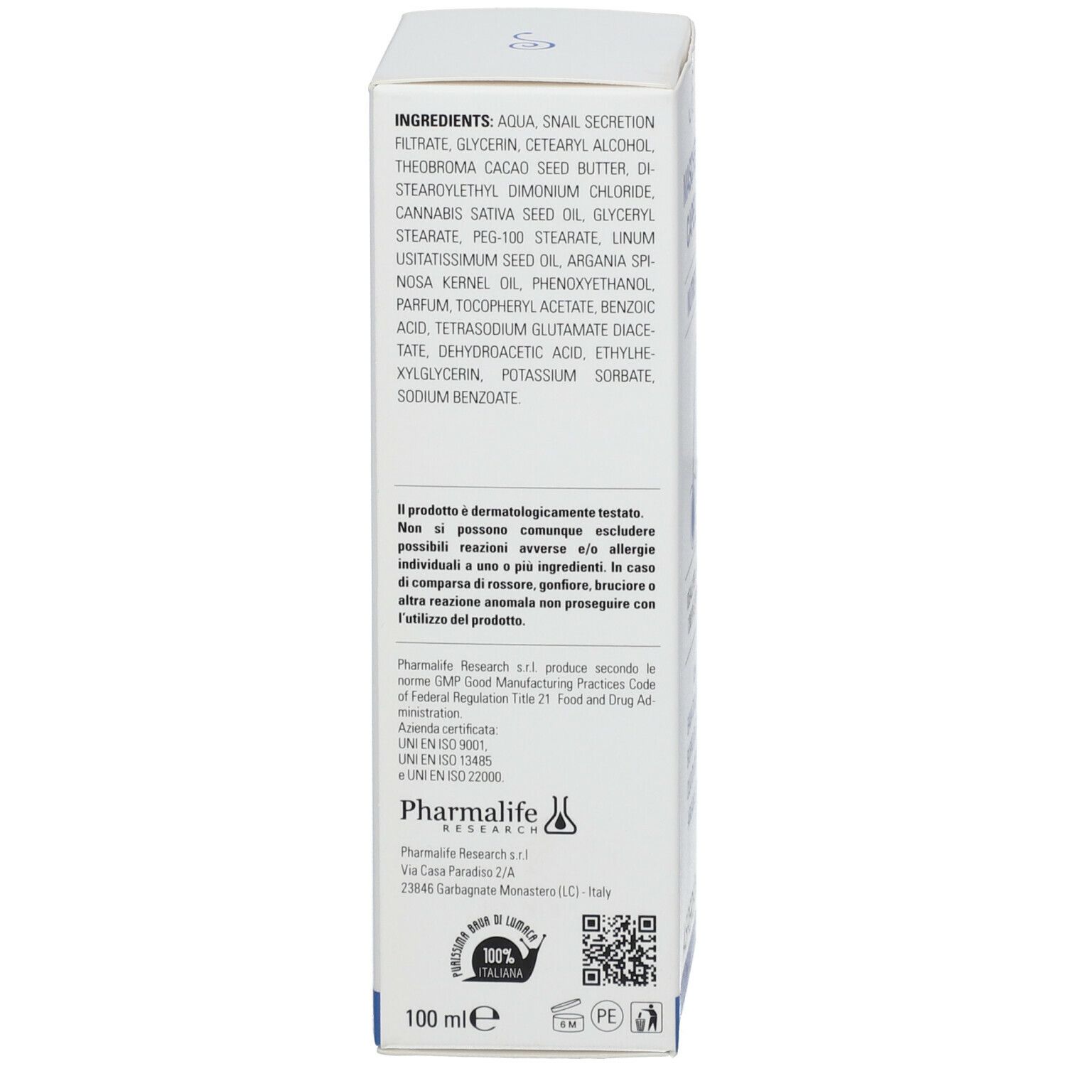 Emballage en carton. Texte : Ingrédients, Marque : Pharmalife Research. 100 ml.