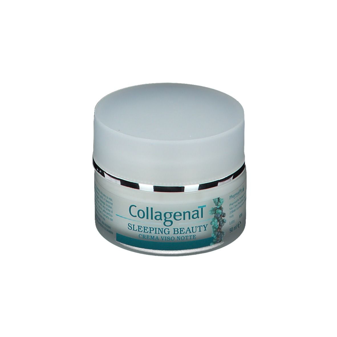 Pot de crème avec couvercle. Inscription : Collagenal Sleeping Beauty Crema Viso Notte. Étiquette turquoise et blanche.