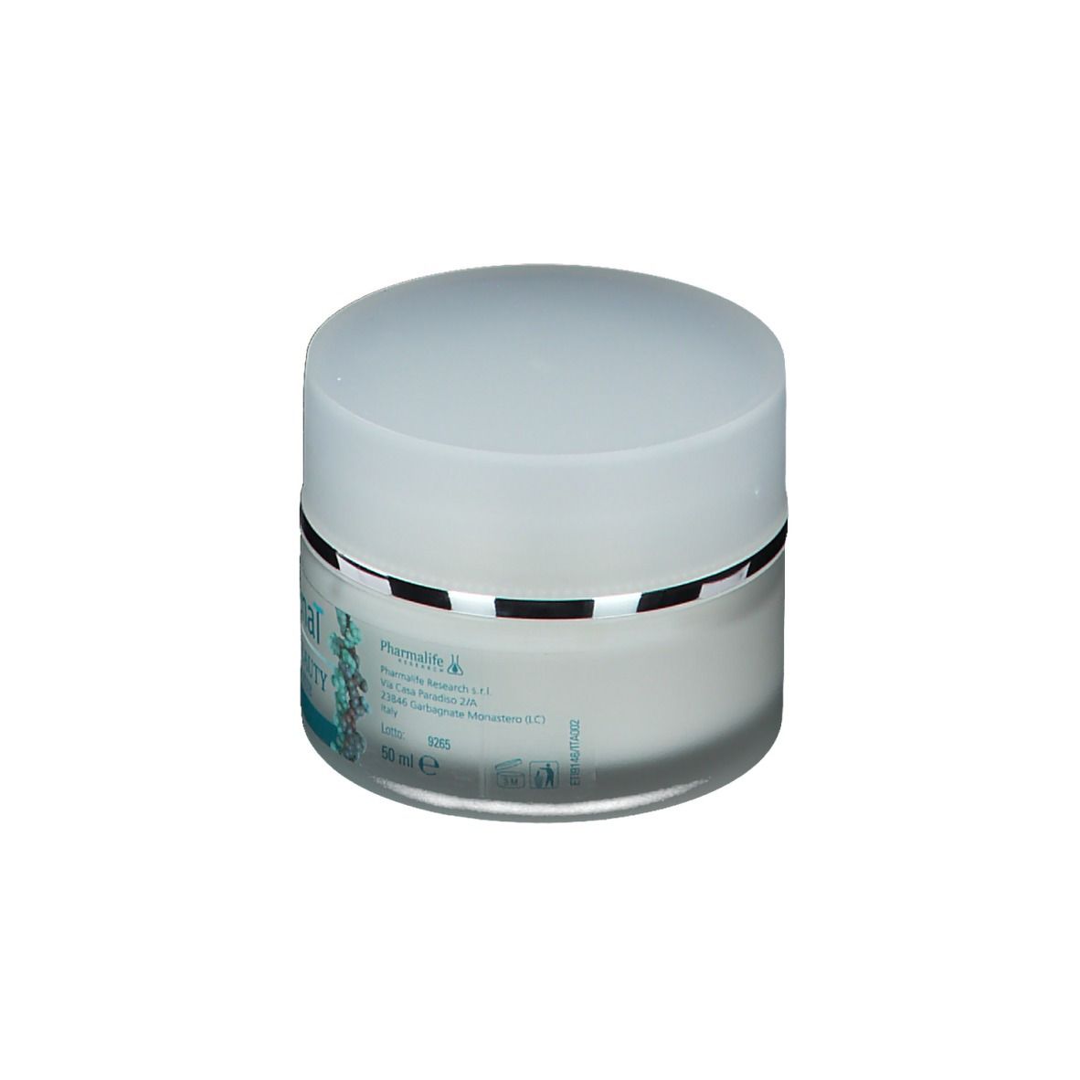 Pot de crème avec couvercle. Inscription : Collagenal Sleeping Beauty Crema Viso Notte. Étiquette turquoise et blanche avec texte.