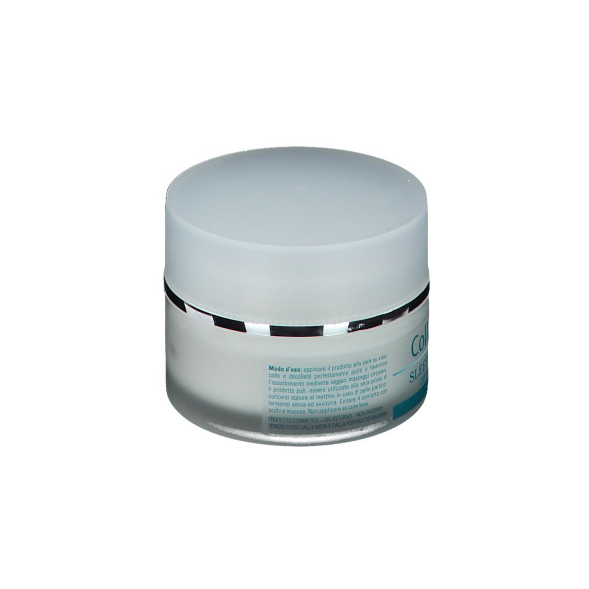 Pot de crème avec couvercle. Inscription : Collagenal Sleeping Beauty Crema Viso Notte. Étiquette turquoise et blanche avec texte.