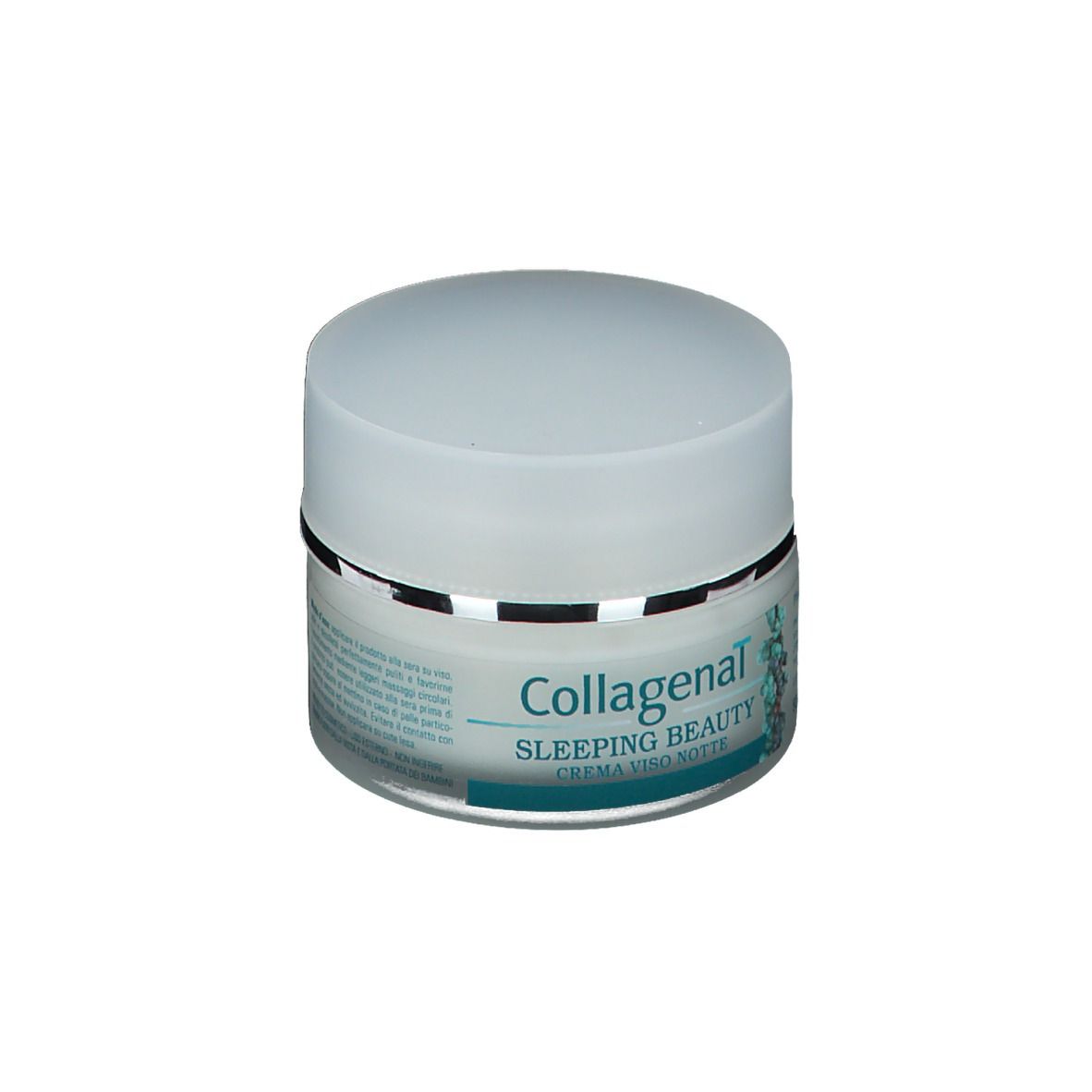 Pot de crème avec couvercle. Inscription : Collagenal Sleeping Beauty Crema Viso Notte. Étiquette turquoise et blanche.