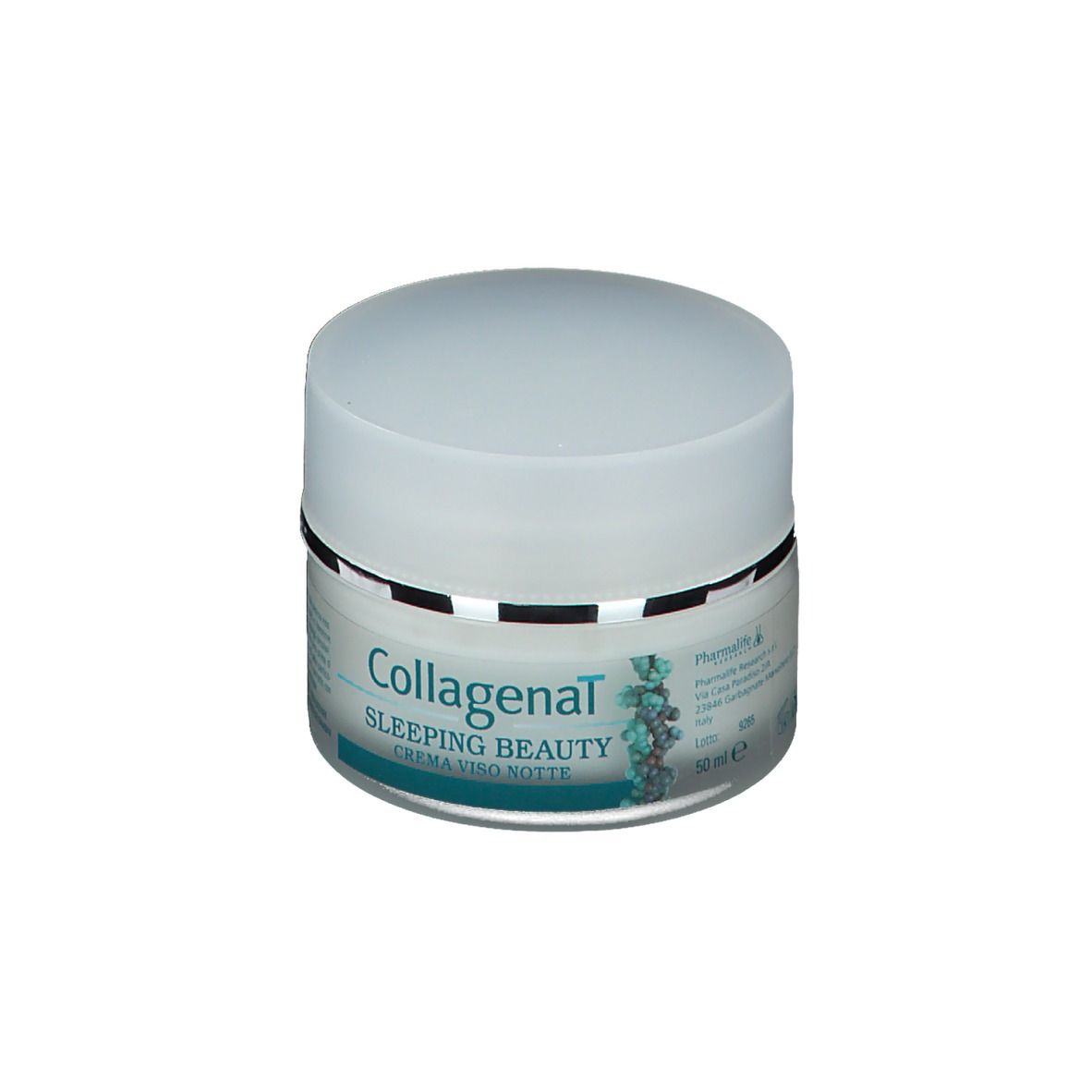 Pot de crème avec couvercle. Inscription : Collagenal Sleeping Beauty Crema Viso Notte. Étiquette turquoise et blanche.