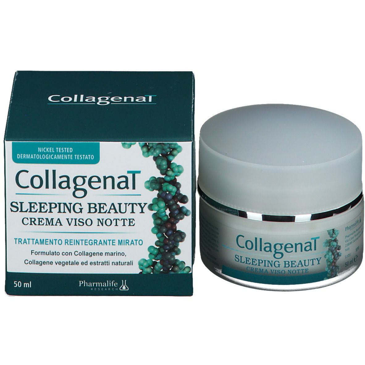 Pot de crème et boîte. Inscription : Collagenal Sleeping Beauty Crema Viso Notte. Boîte avec texte et logo.