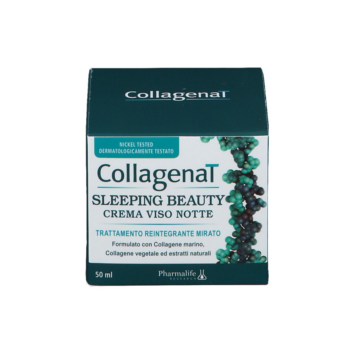 Boîte. Inscription : Collagenal Sleeping Beauty Crema Viso Notte. Texte et logo. Emballage vert et noir.