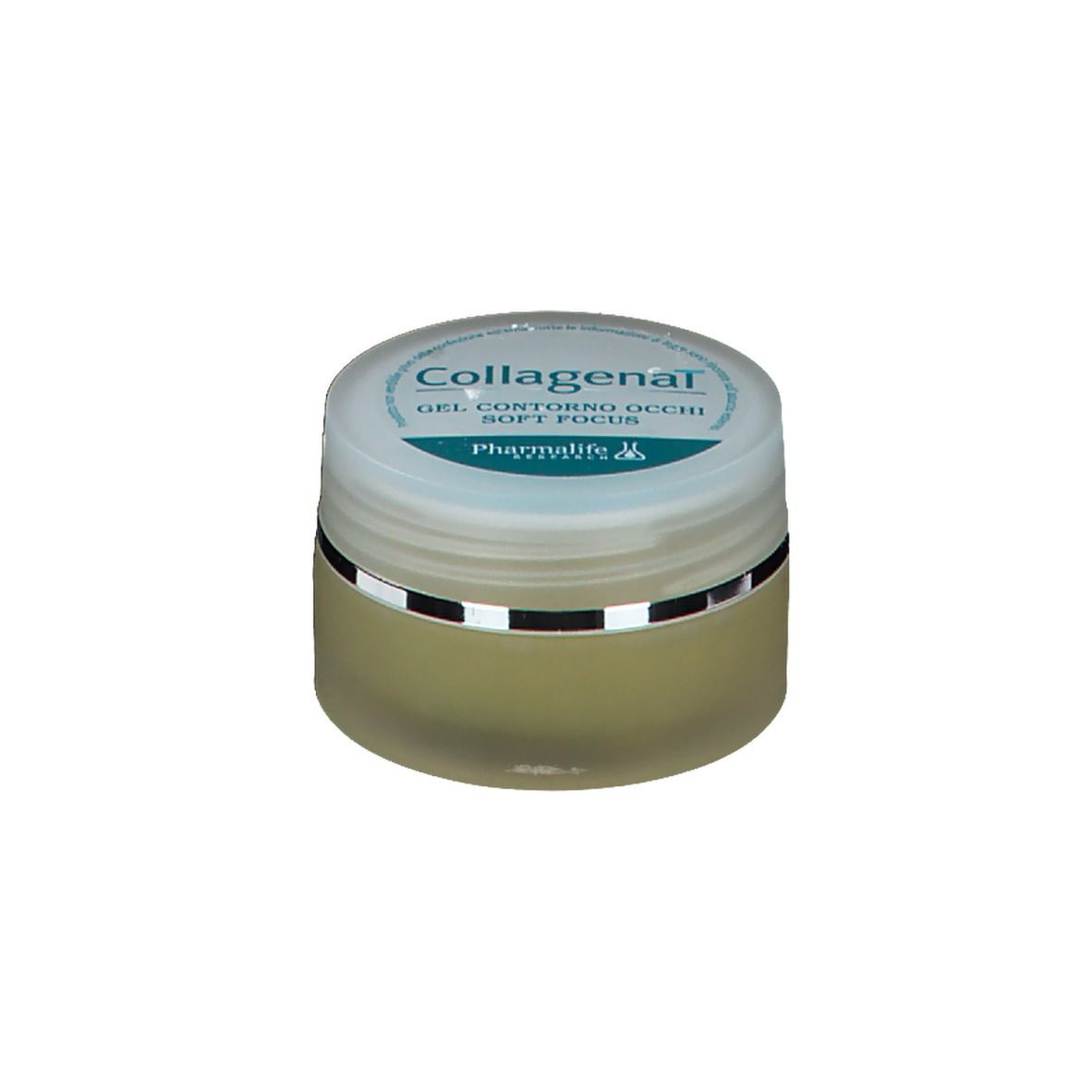 Pot de gel contour des yeux. Inscription: Collagenal, GEL CONTORNO OCCHI SOFT FOCUS. Marque: Pharmalife Research.