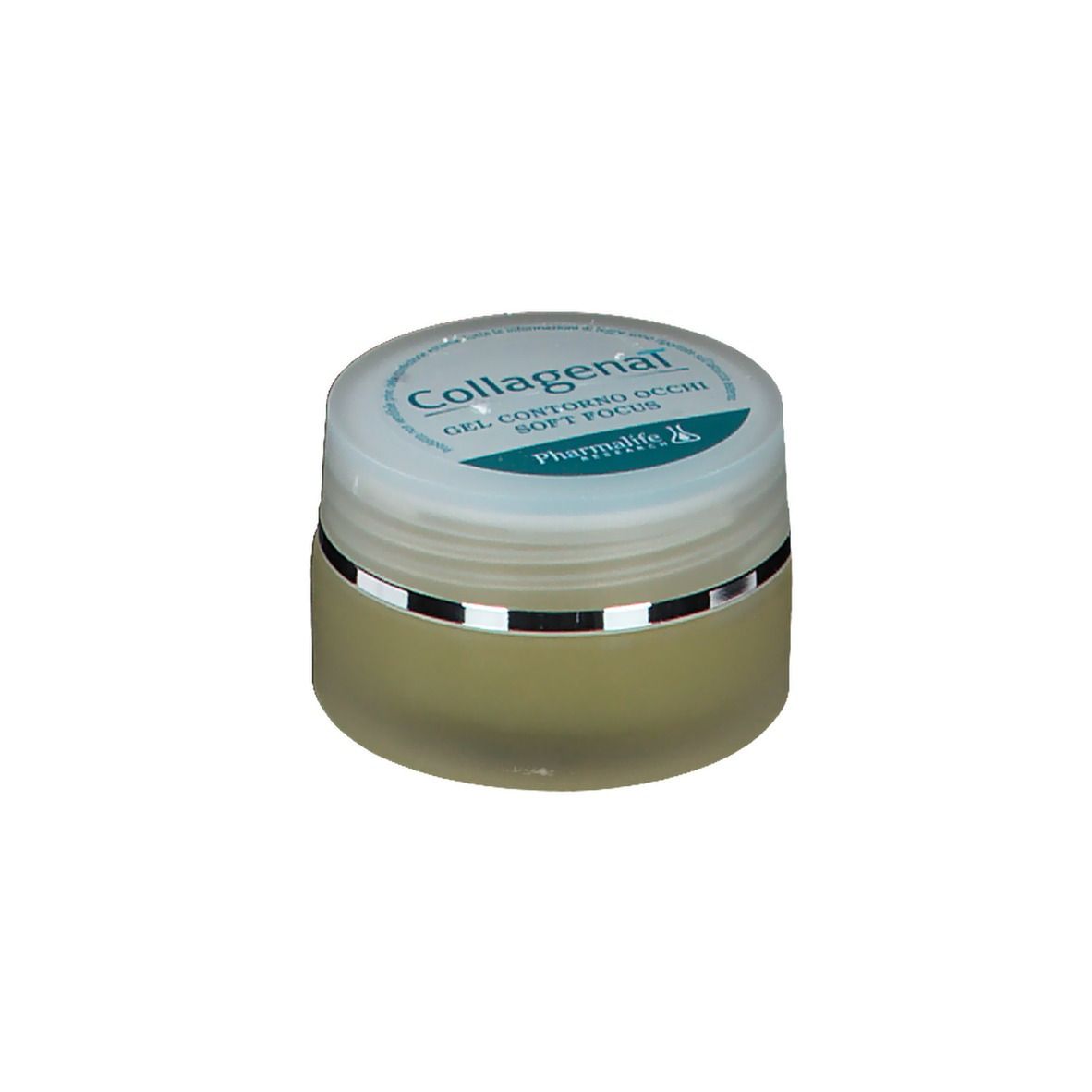 Pot de gel contour des yeux. Inscription: Collagenal, GEL CONTORNO OCCHI SOFT FOCUS. Marque: Pharmalife Research.