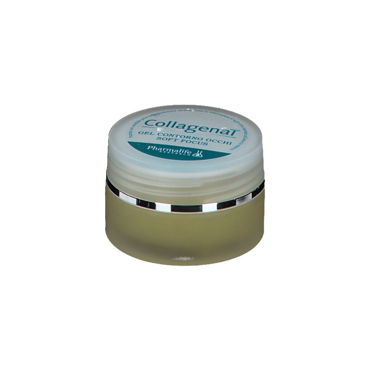 Pot de gel contour des yeux. Inscription: Collagenal, GEL CONTORNO OCCHI SOFT FOCUS. Marque: Pharmalife Research.