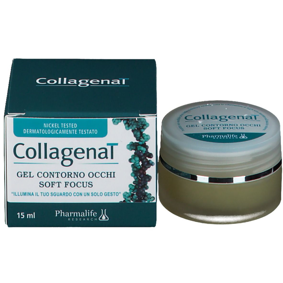 Pot de gel contour des yeux et boîte. Inscription: Collagenal, GEL CONTORNO OCCHI SOFT FOCUS. Marque: Pharmalife Research. 15 ml.