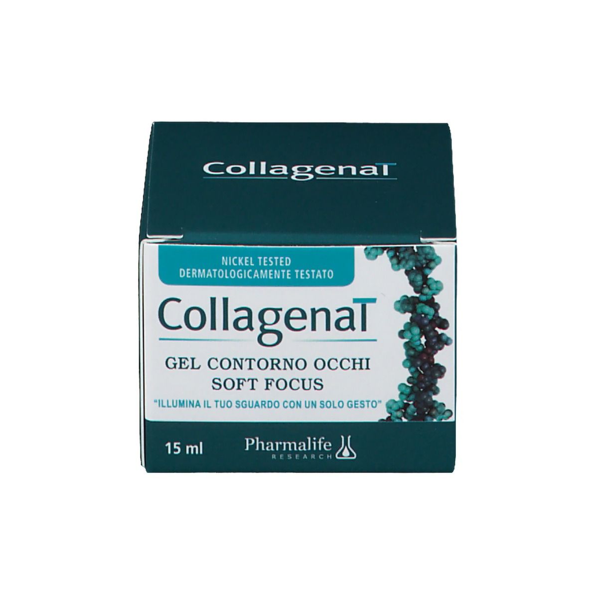 Boîte de gel contour des yeux. Inscription: Collagenal, GEL CONTORNO OCCHI SOFT FOCUS. Marque: Pharmalife Research. 15 ml.