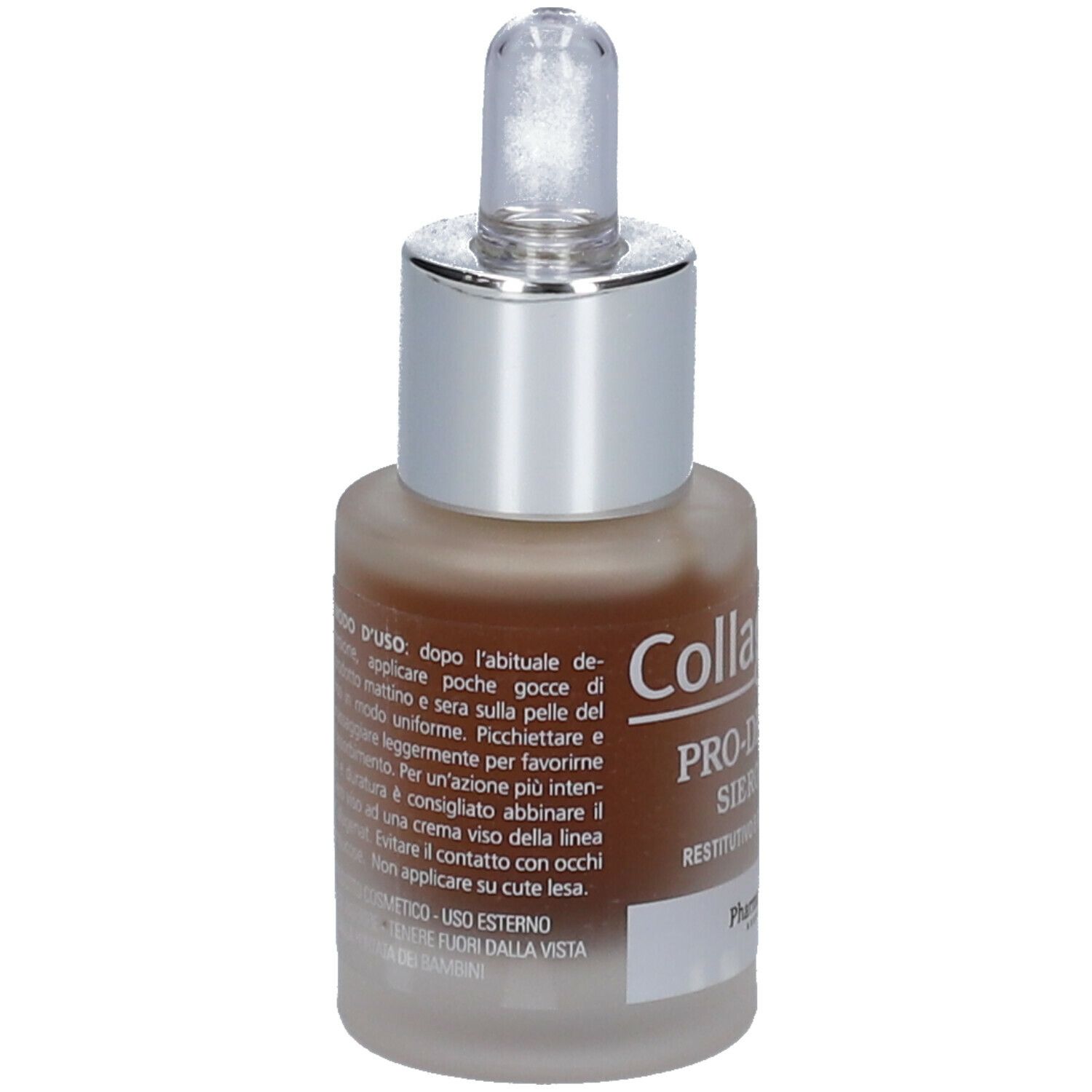 Glasflasche mit brauner Flüssigkeit und Pipette. Text: Collagenal Pro-Density Siero Viso. Auf der Flasche sind Anweisungen abgebildet.