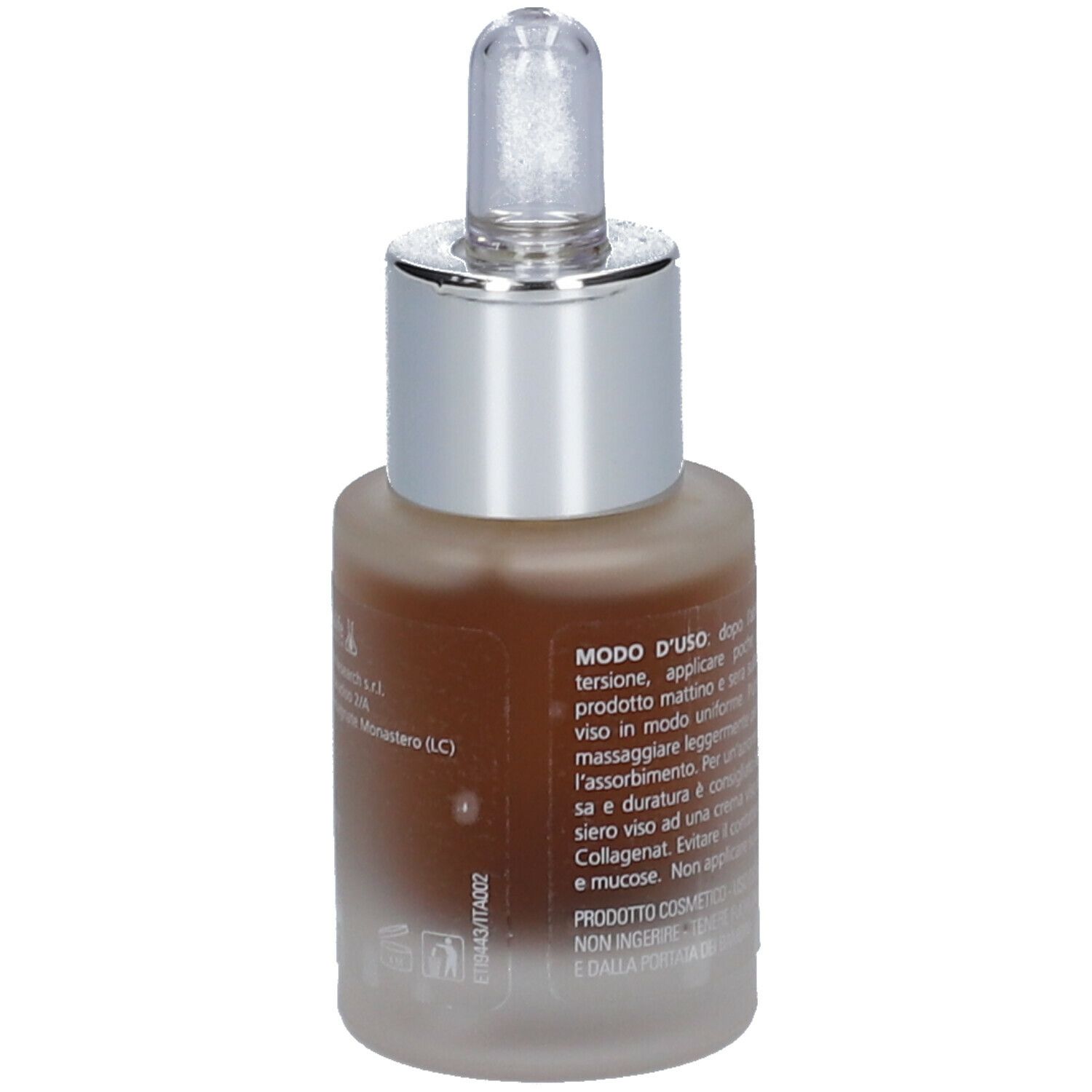 Glasflasche mit brauner Flüssigkeit und Pipette. Text: Collagenal Pro-Density Siero Viso. Auf der Flasche sind Anweisungen abgebildet.