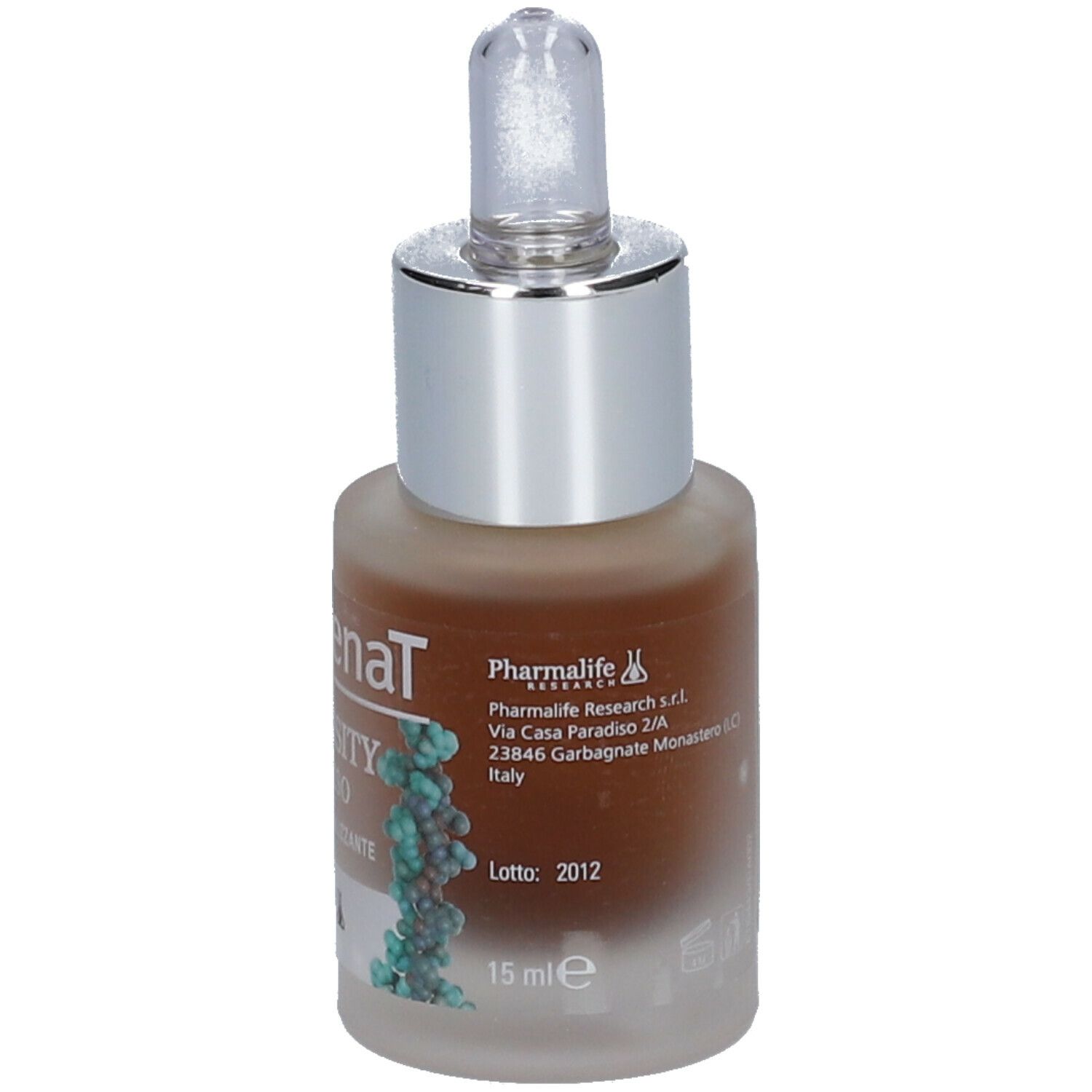 Glasflasche mit brauner Flüssigkeit und Pipette. Aufschrift: Collagenal Pro-Density Siero Viso. Marke: Pharmalife Research. Volumen: 15 ml.