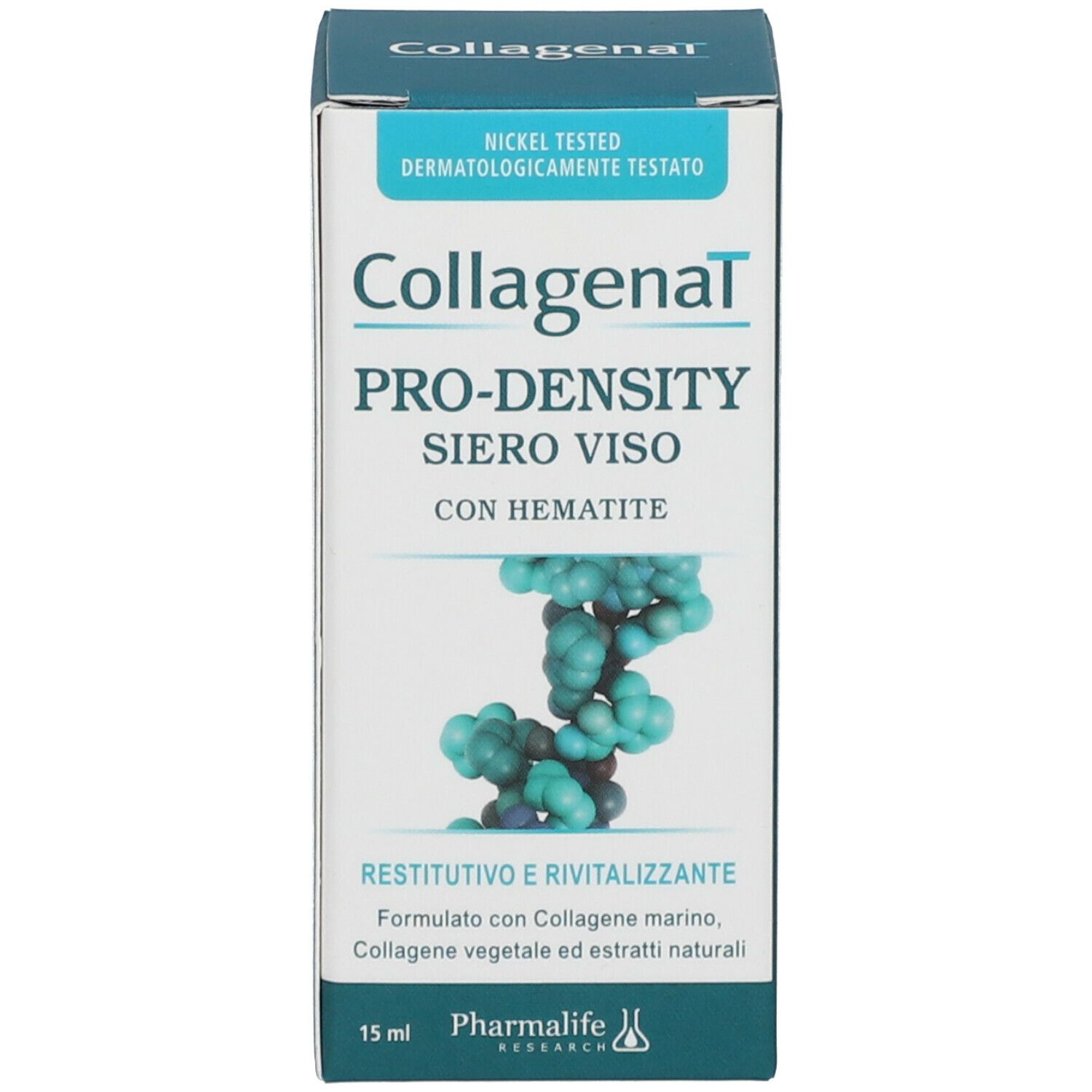 Produktverpackung. Aufschrift: Collagenal Pro-Density Siero Viso. Marke: Pharmalife Research. Volumen: 15 ml. Nickel getestet.