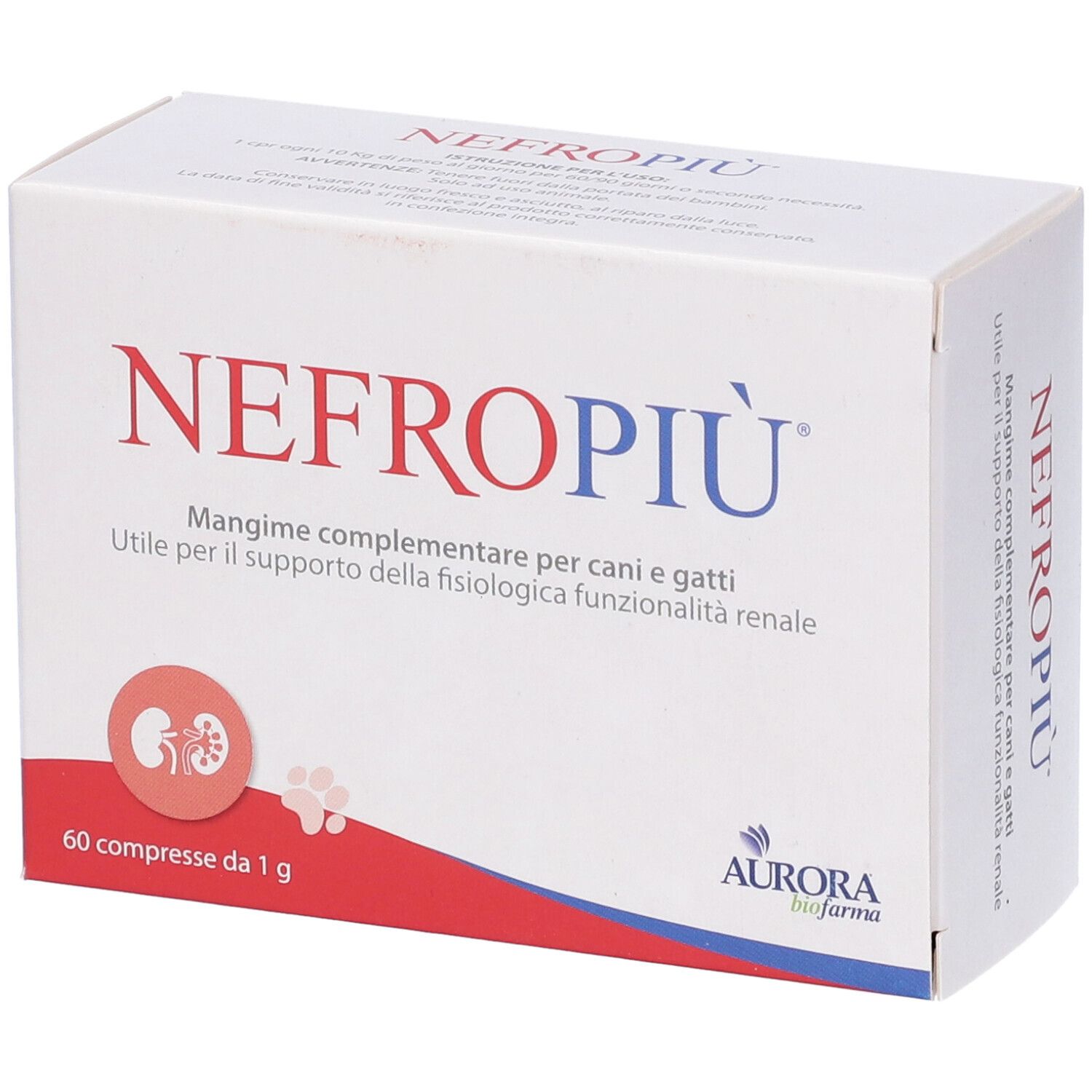 Boîte blanche avec texte rouge et bleu. Inscription : NEFROPIÙ. 60 comprimés. Logo Aurora Biofarma.