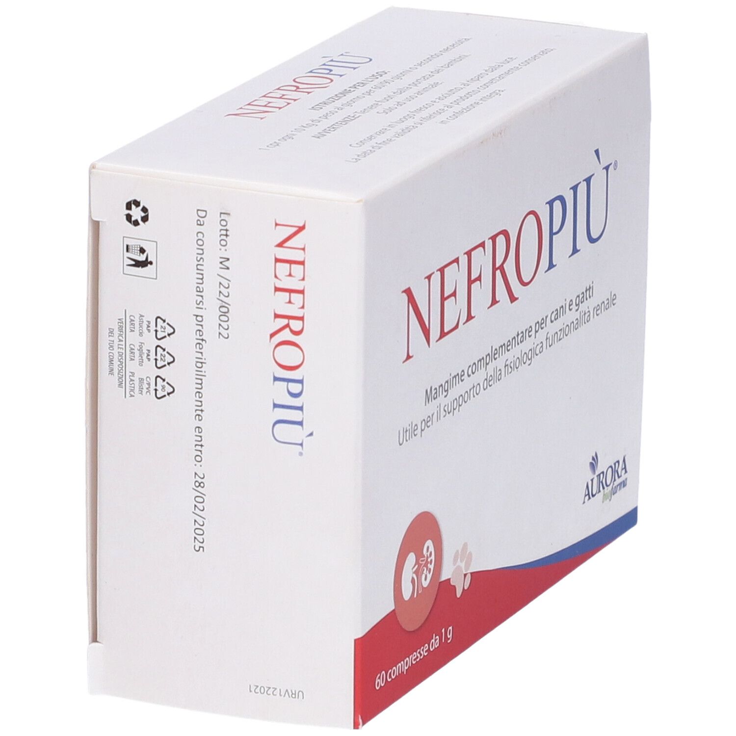 Boîte blanche avec texte rouge et bleu. Inscription : NEFROPIÙ. 60 comprimés. Logo Aurora Biofarma. Vue latérale.