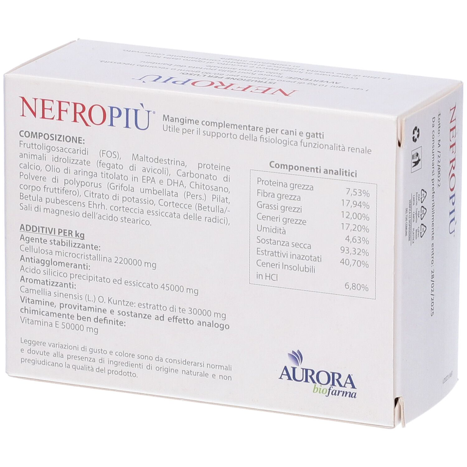 Dos de la boîte blanche avec texte. Inscription : NEFROPIÙ. Ingrédients et composants analytiques. Logo Aurora Biofarma.