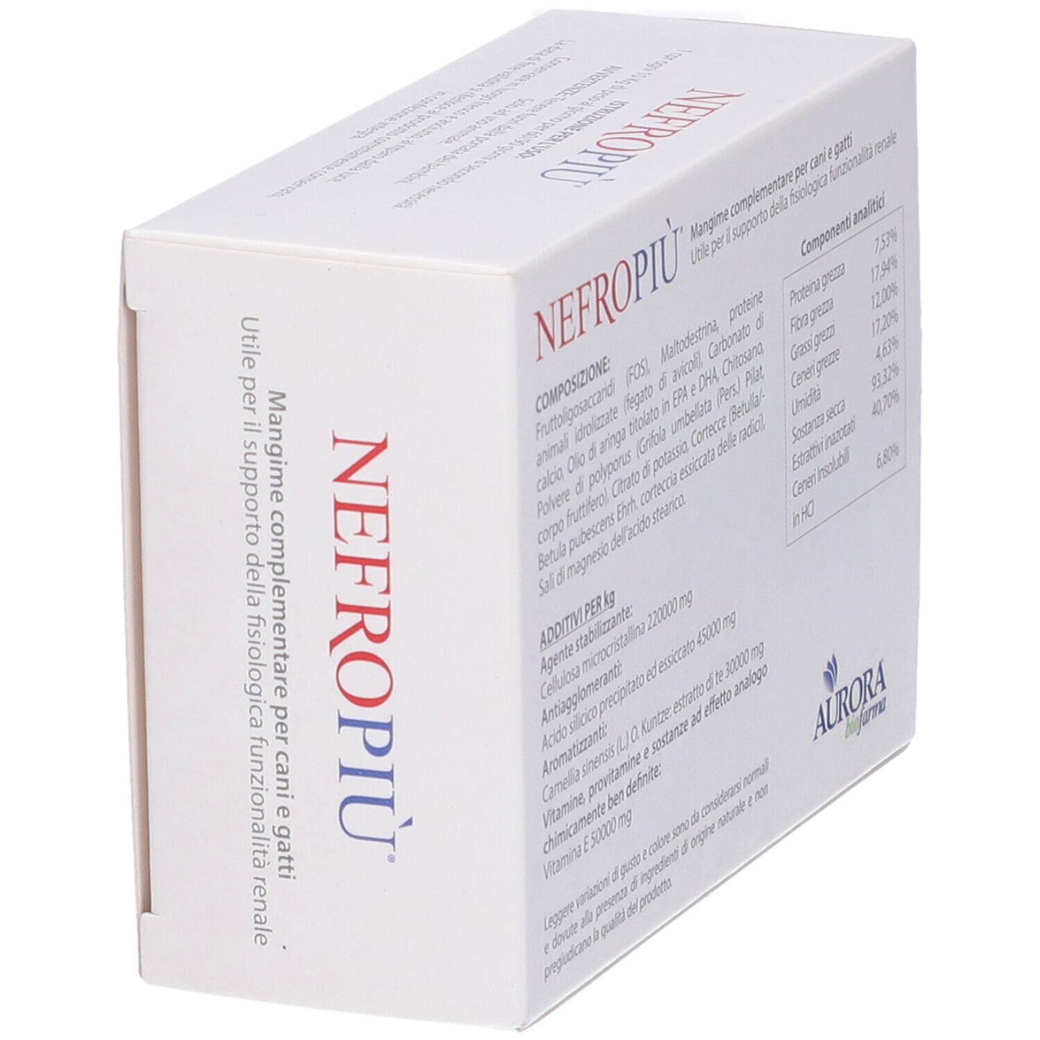 Boîte blanche avec texte rouge et bleu. Inscription : NEFROPIÙ. 60 comprimés. Logo Aurora Biofarma. Vue latérale.