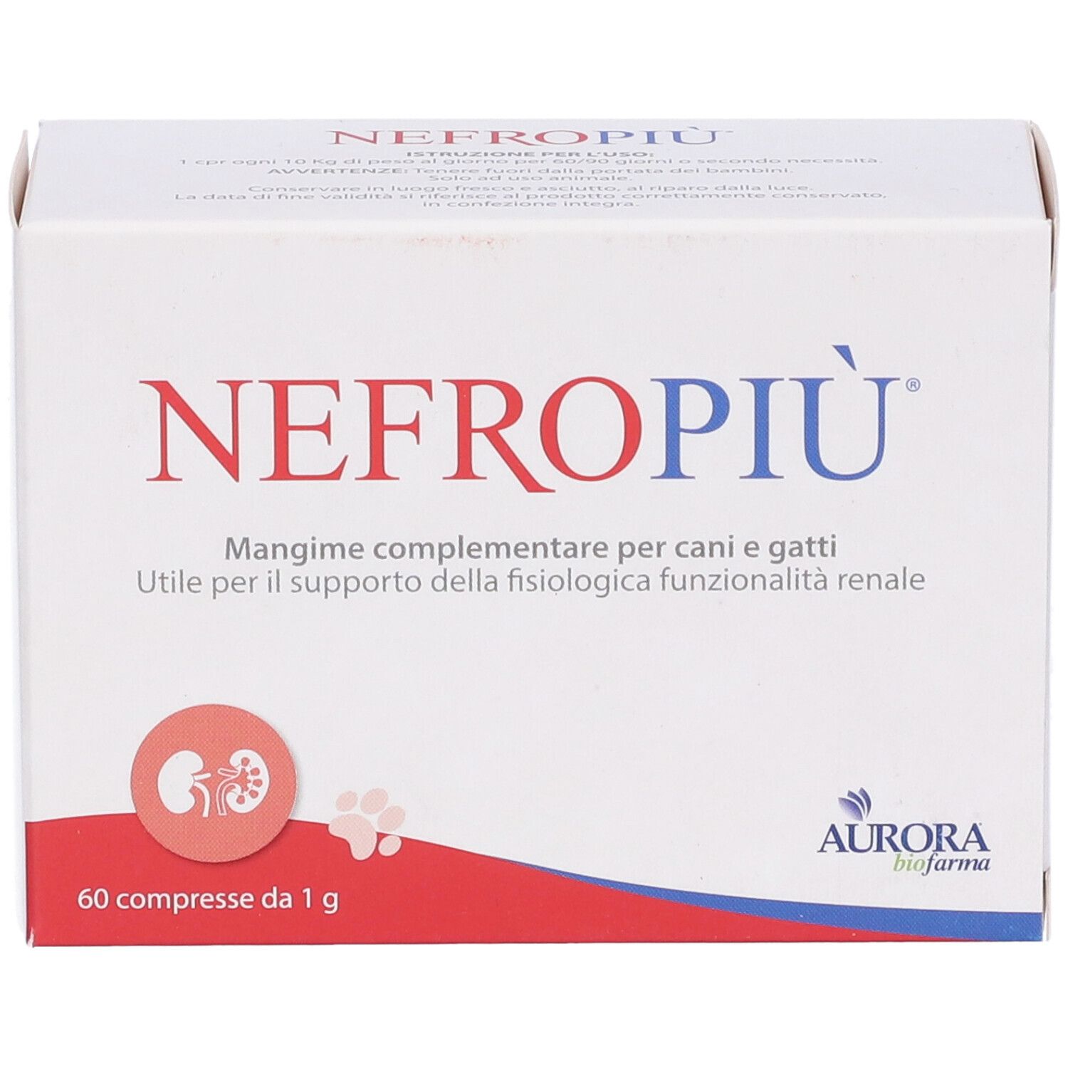 Boîte blanche avec texte rouge et bleu. Inscription : NEFROPIÙ. 60 comprimés. Logo Aurora Biofarma.
