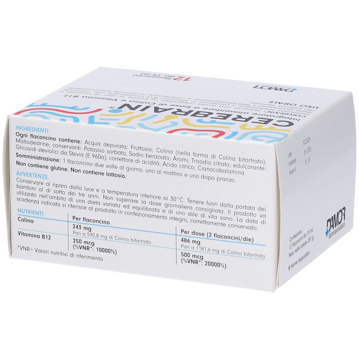 Dos de la boîte CEREBRAIN® Flaconcini. Liste des ingrédients et informations nutritionnelles.