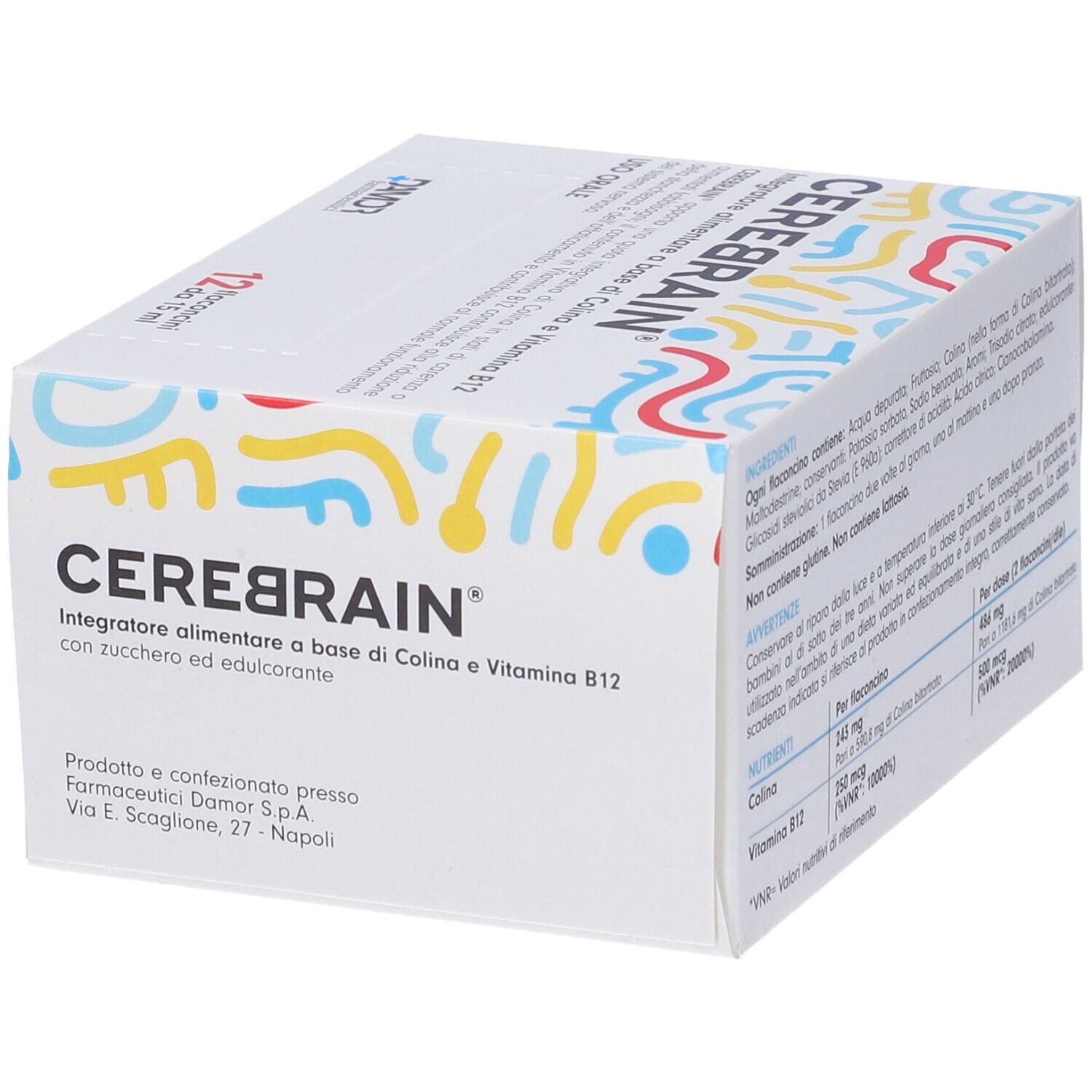 Boîte CEREBRAIN® Flaconcini. Nom du produit et ingrédients. Avec sucre et édulcorant.