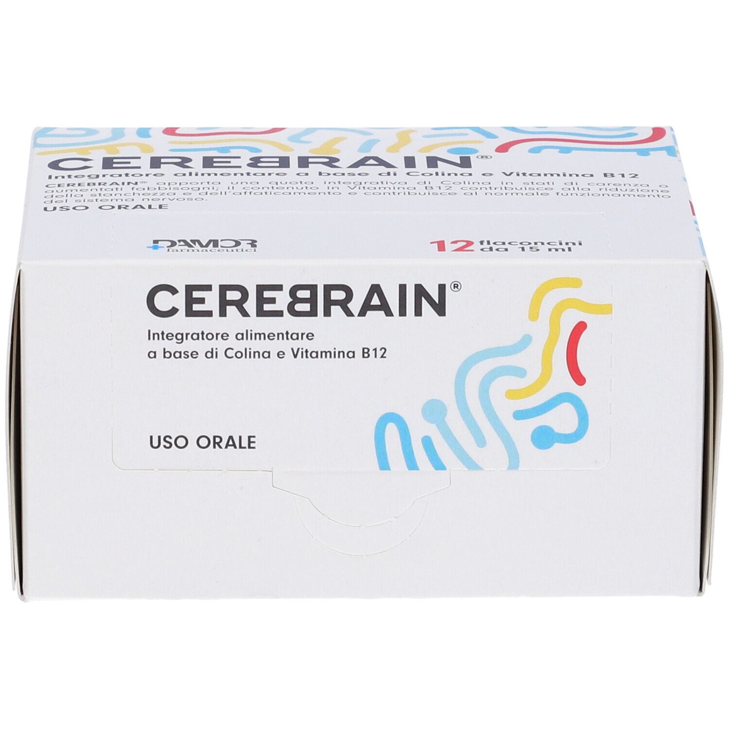 Boîte CEREBRAIN® Flaconcini. Nom et logo du produit visibles. 12 flacons.