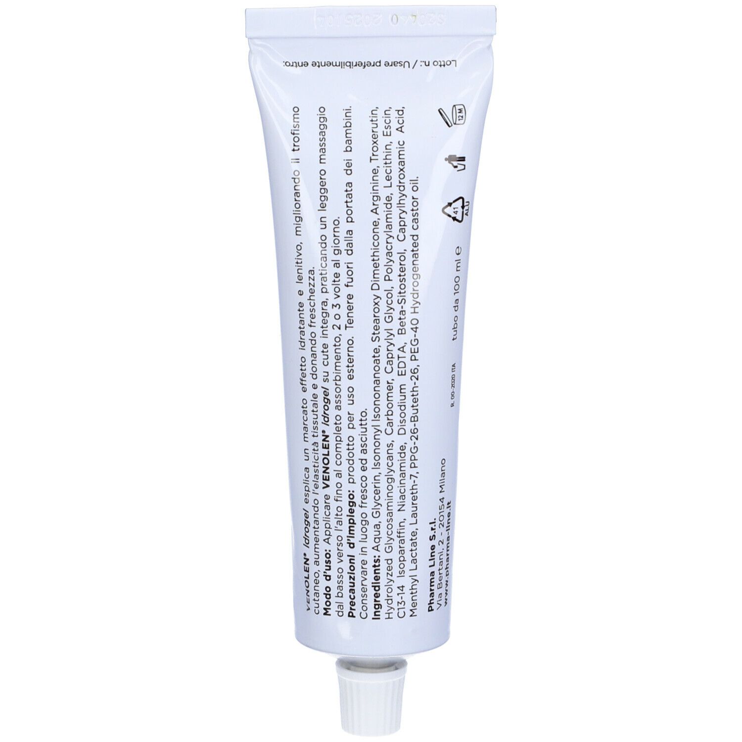 Rückseite der Tube Venolen idrogel. Text mit Inhaltsstoffen und Anwendungshinweisen. Weißer Hintergrund.