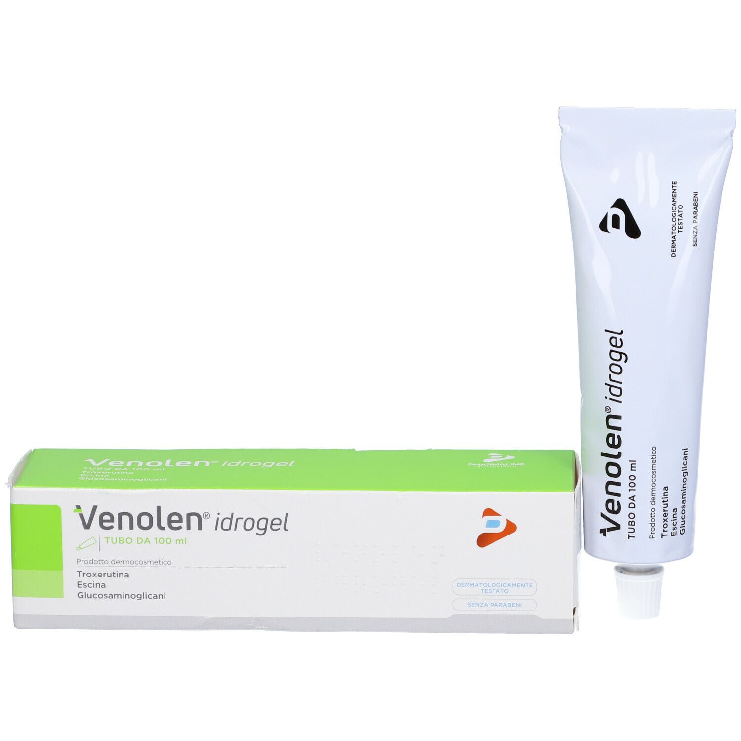 Tube und Schachtel Venolen idrogel. Grün-weiße Verpackung. Logo mit rotem Dreieck. Produkt nebeneinander.