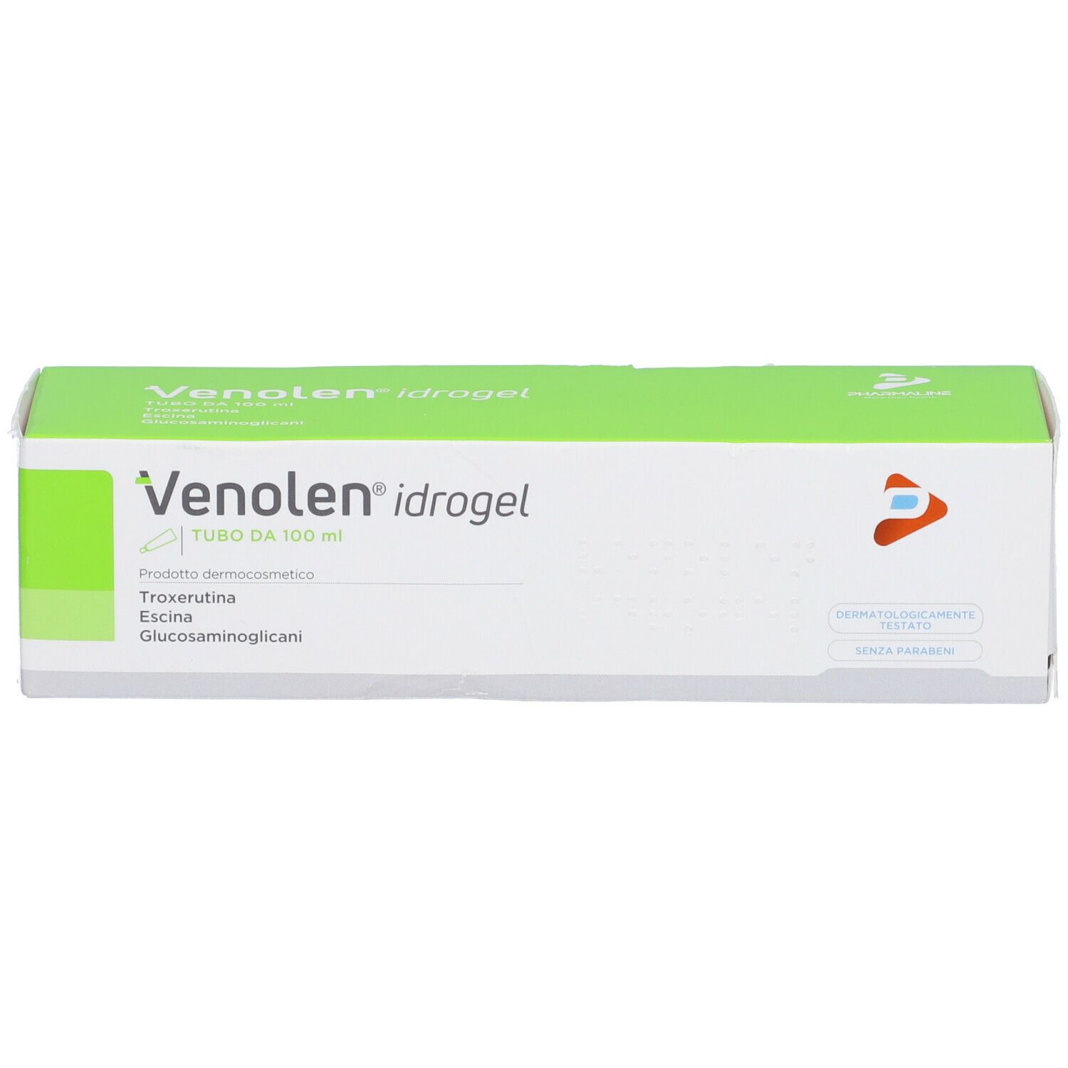 Schachtel Venolen idrogel. Grün-weiße Verpackung. Produktname und Inhaltsstoffe. Logo mit rotem Dreieck.