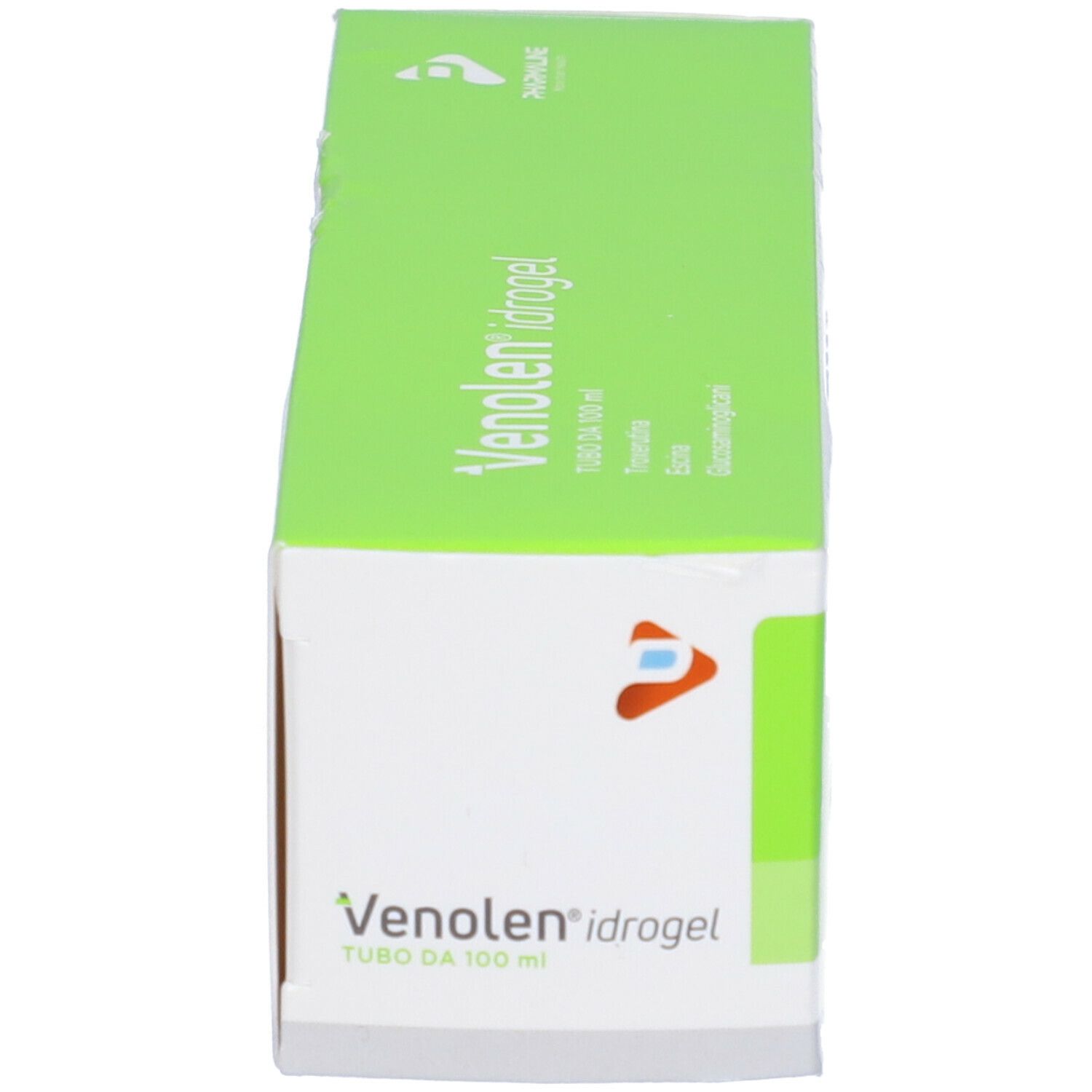 Schachtel Venolen idrogel. Grün-weiße Verpackung. Produktname und Logo. Draufsicht.