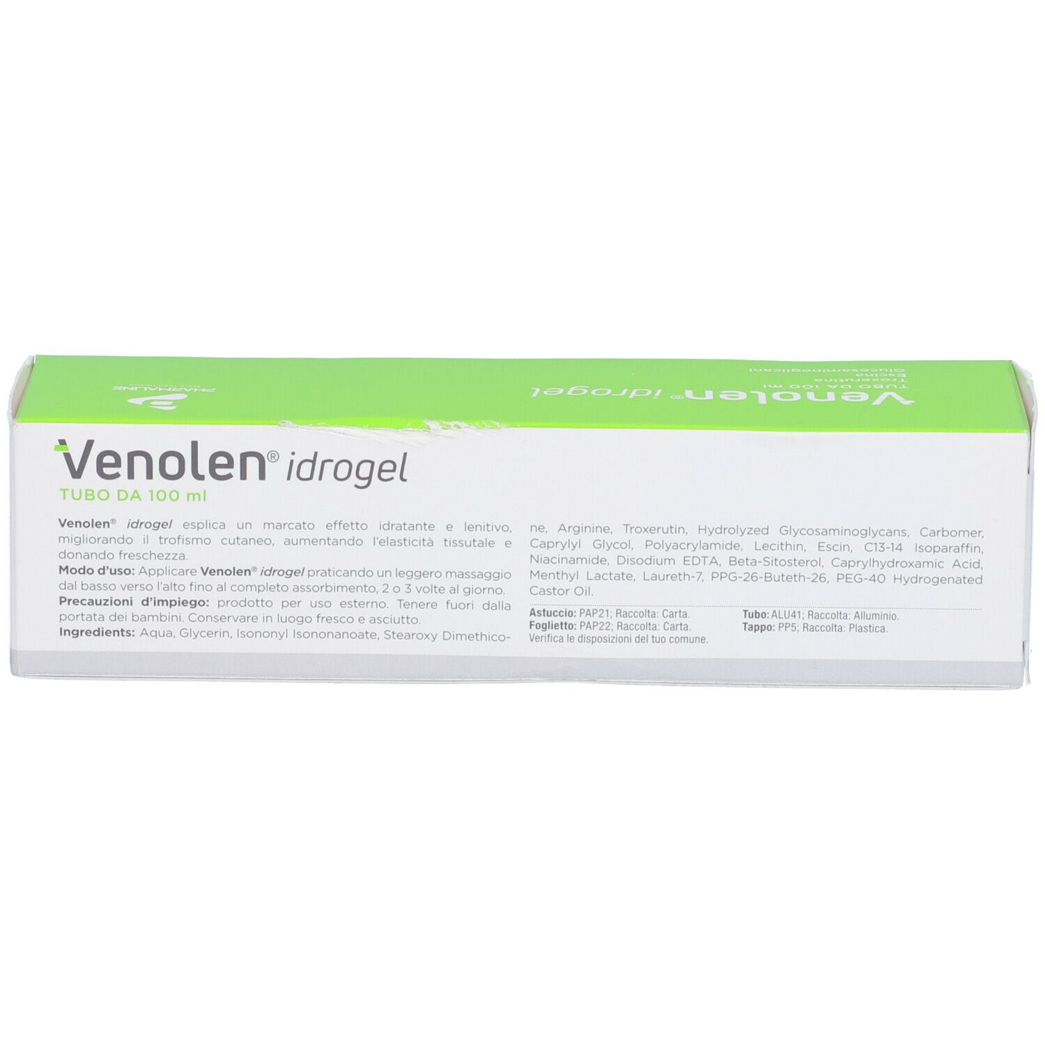 Schachtel Venolen idrogel. Grün-weiße Verpackung. Text mit Anwendungshinweisen und Inhaltsstoffen.