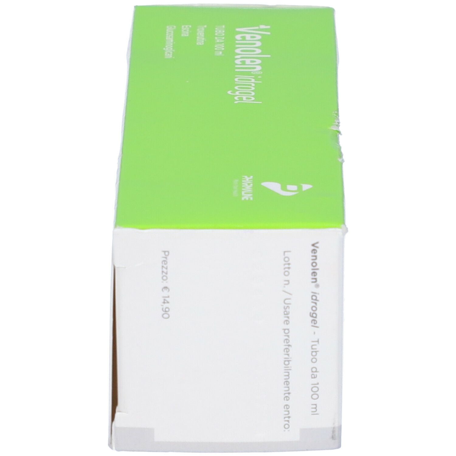 Schachtel Venolen idrogel. Grün-weiße Verpackung. Preis und Verfallsdatum. Logo.