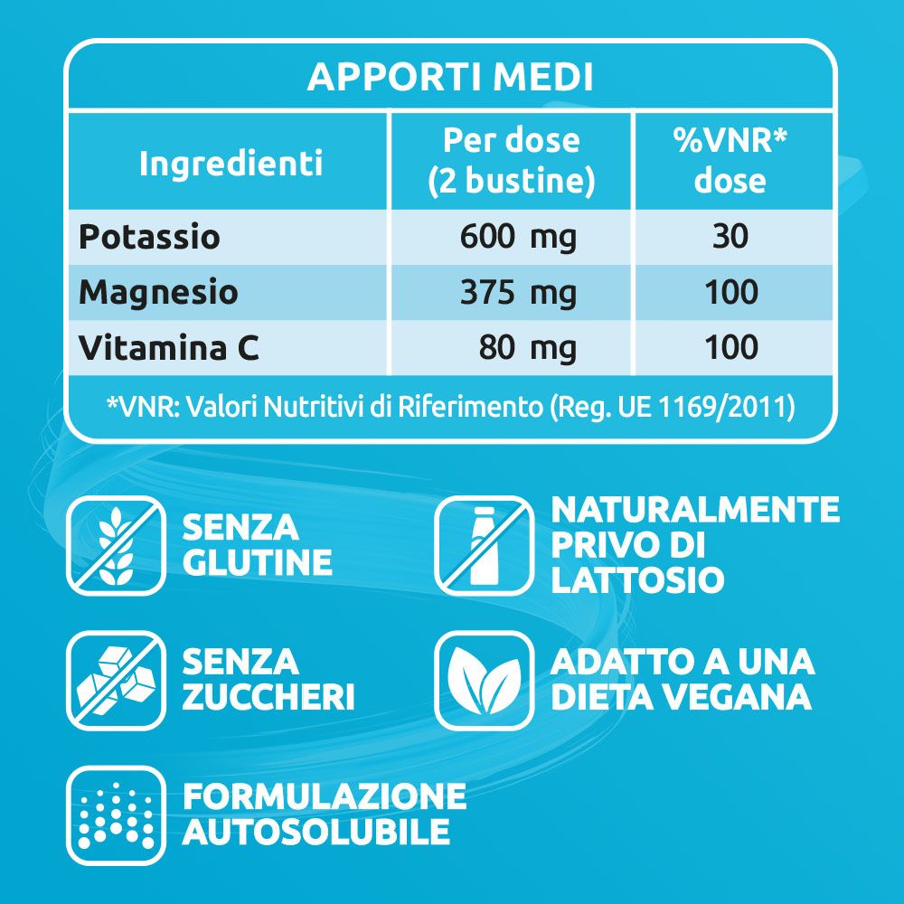 Tableau avec ingrédients: potassium, magnésium, vitamine C. Sans gluten, lactose, sucre, vegan.
