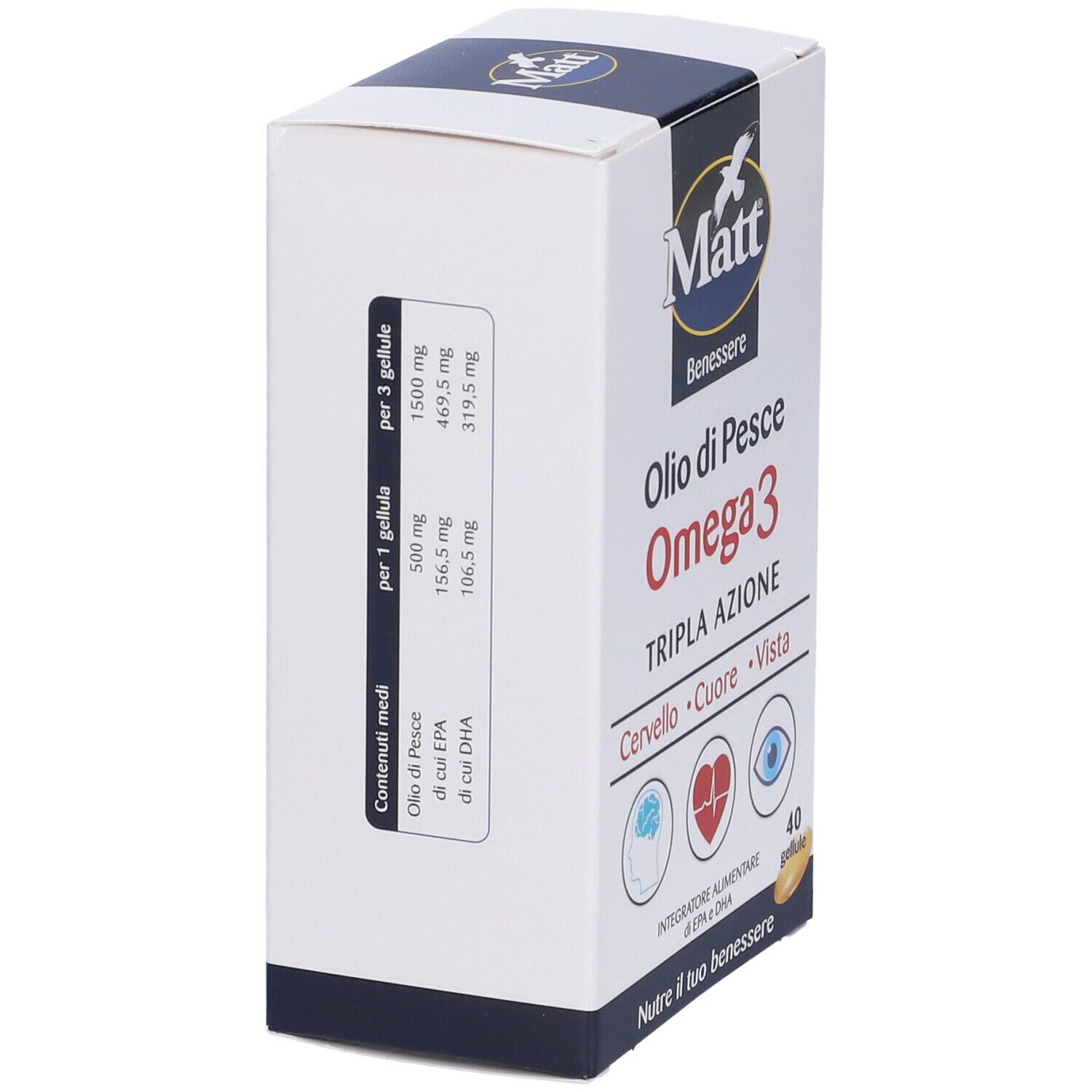Boîte de Matt® Wellness Huile de poisson Oméga 3. Inscription : Oilo di Pesce Omega 3. Informations nutritionnelles par gélule et 3 gélules.
