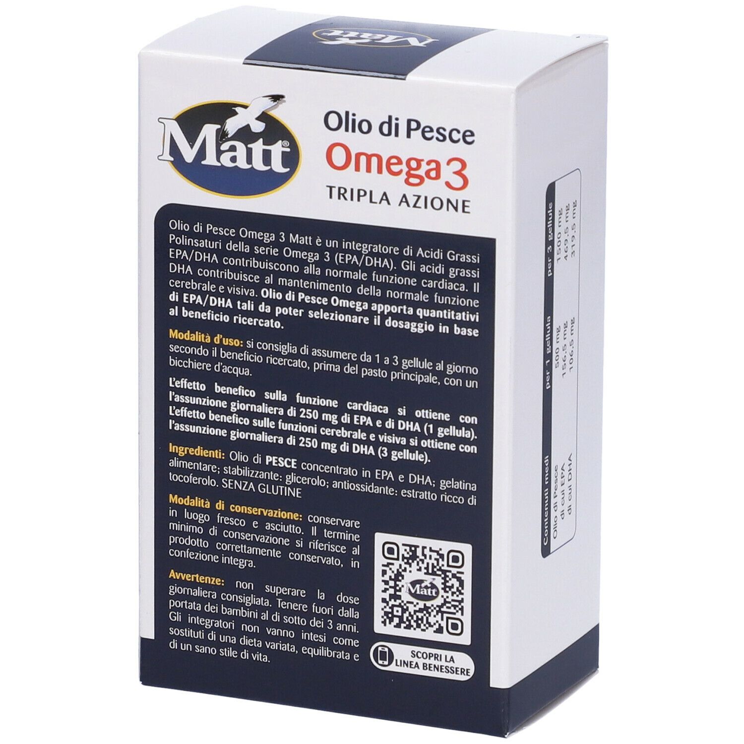 Dos de la boîte de Matt® Wellness Huile de poisson Oméga 3. Inscription : Oilo di Pesce Omega 3. Texte sur les ingrédients et l'utilisation.