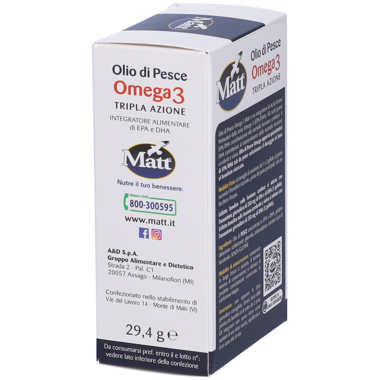 Boîte de Matt® Wellness Huile de poisson Oméga 3. Inscription : Oilo di Pesce Omega 3. Coordonnées et code QR.