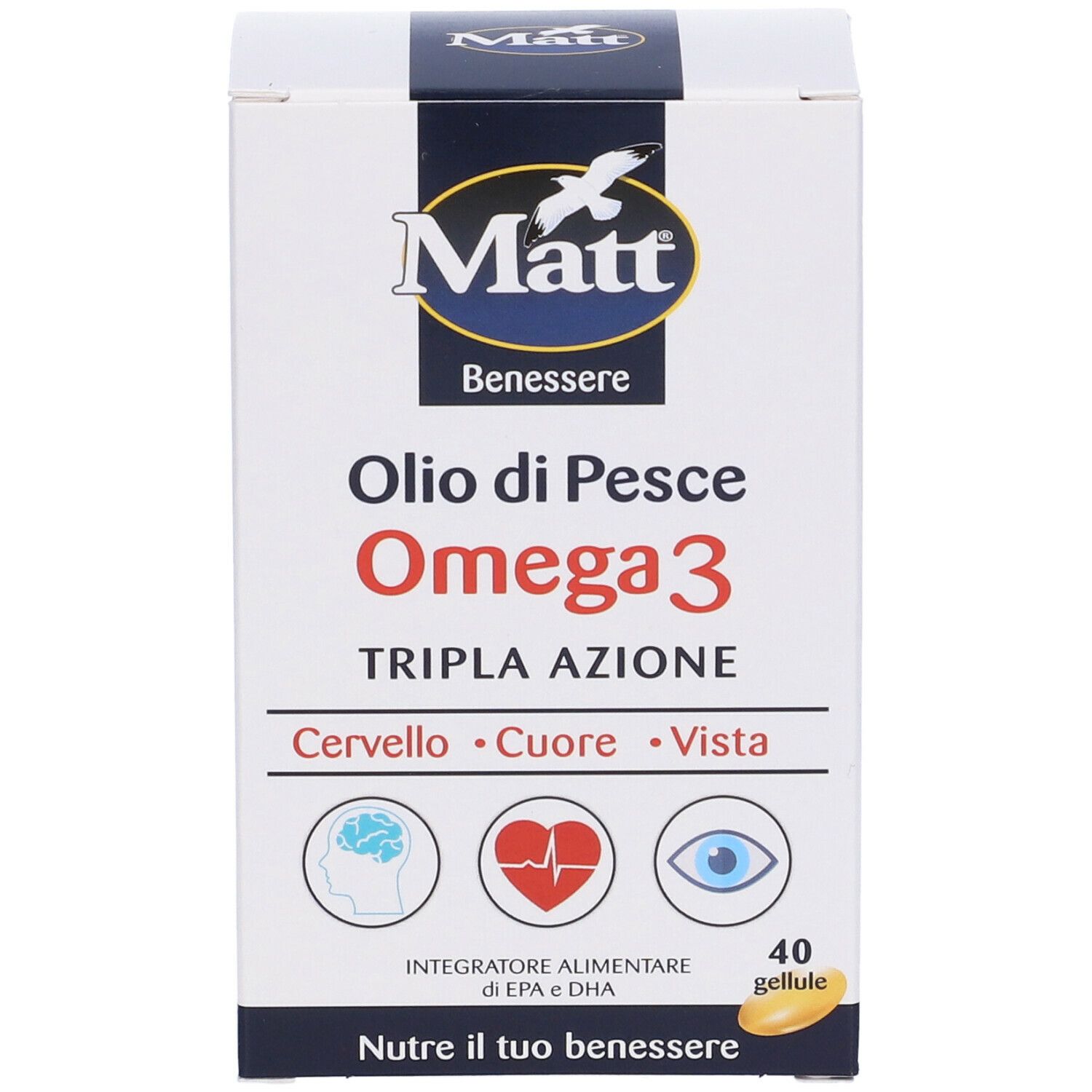 Boîte de Matt® Wellness Huile de poisson Oméga 3. Inscription : Oilo di Pesce Omega 3. 40 gélules. Illustrations de cerveau, cœur et œil.