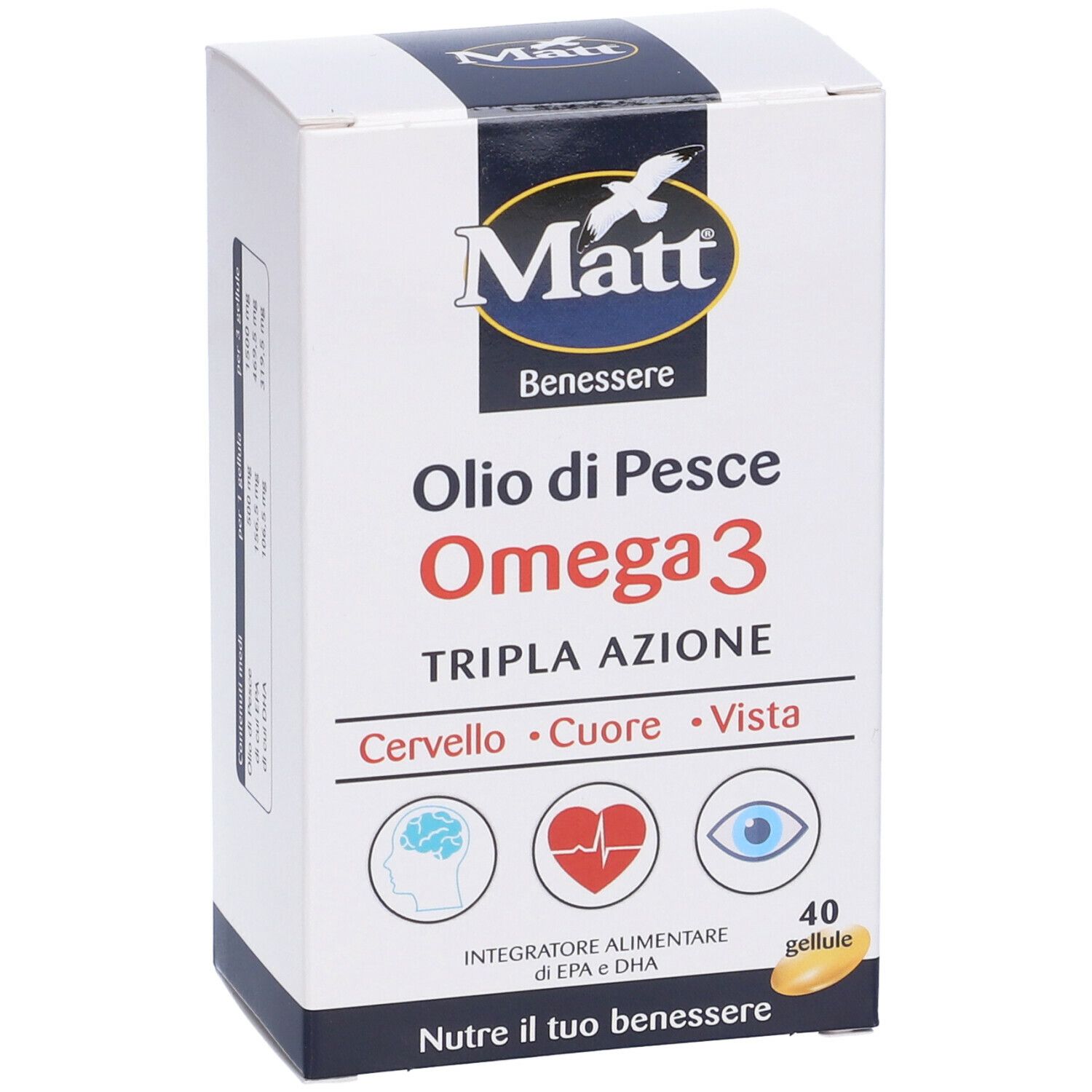 Boîte de Matt® Wellness Huile de poisson Oméga 3. Inscription : Oilo di Pesce Omega 3. 40 gélules. Illustrations de cerveau, cœur et œil.