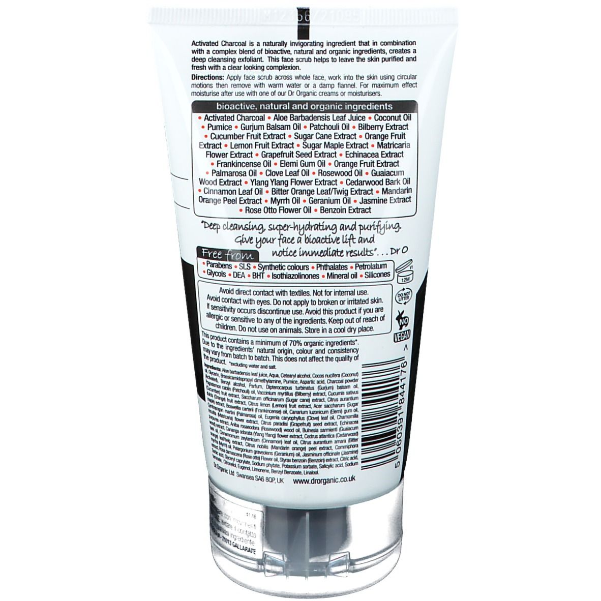 Weisse Tube mit schwarzem Gesichtspeeling. Aufschrift: Dr. Organic, Charcoal, Deep Cleansing Face Scrub. Bio-Siegel.