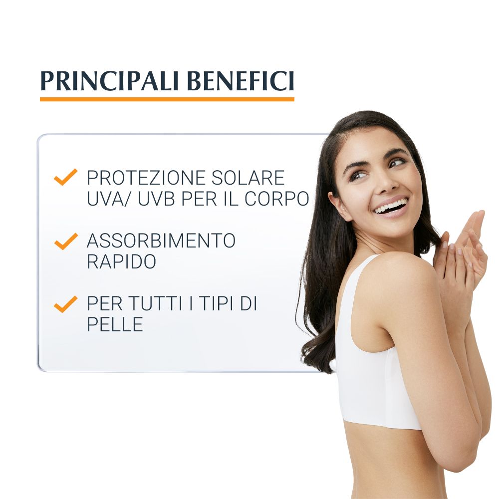 Eine Frau lächelt. Text: Hauptvorteile: Sonnenschutz, schnelle Absorption, für alle Hauttypen.