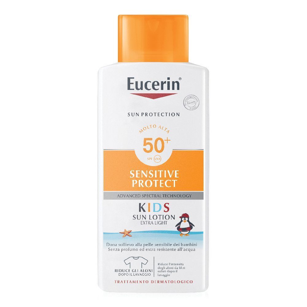 Eucerin lotion solaire enfants SPF 50+. Flacon blanc, bouchon orange. Texte: Sensitive Protect, Kids Sun Lotion.