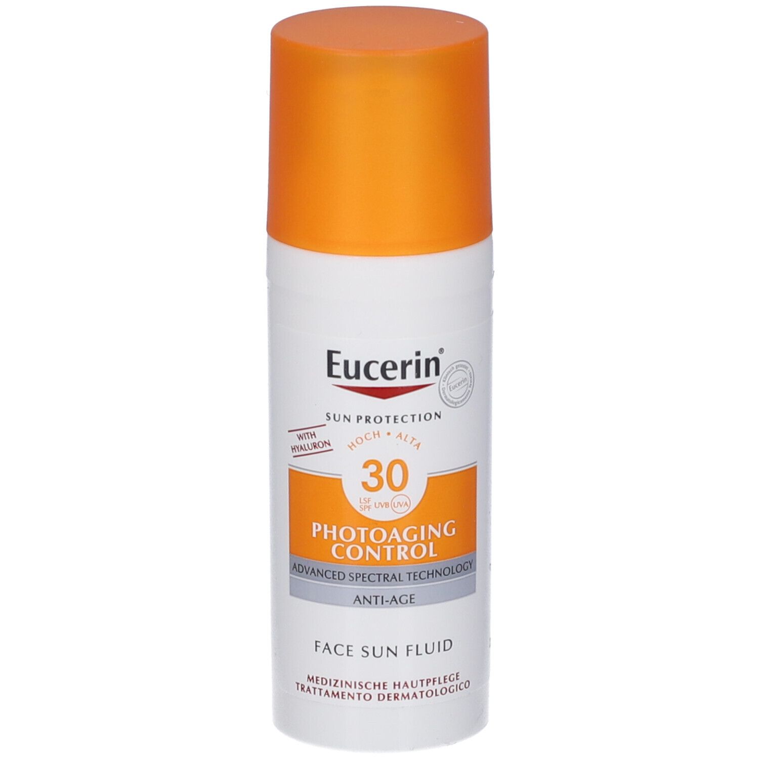 Eucerin Sun Fluid Photoaging Control SPF 30. Flacon blanc et bouchon orange. Nom du produit et SPF clairement visibles.