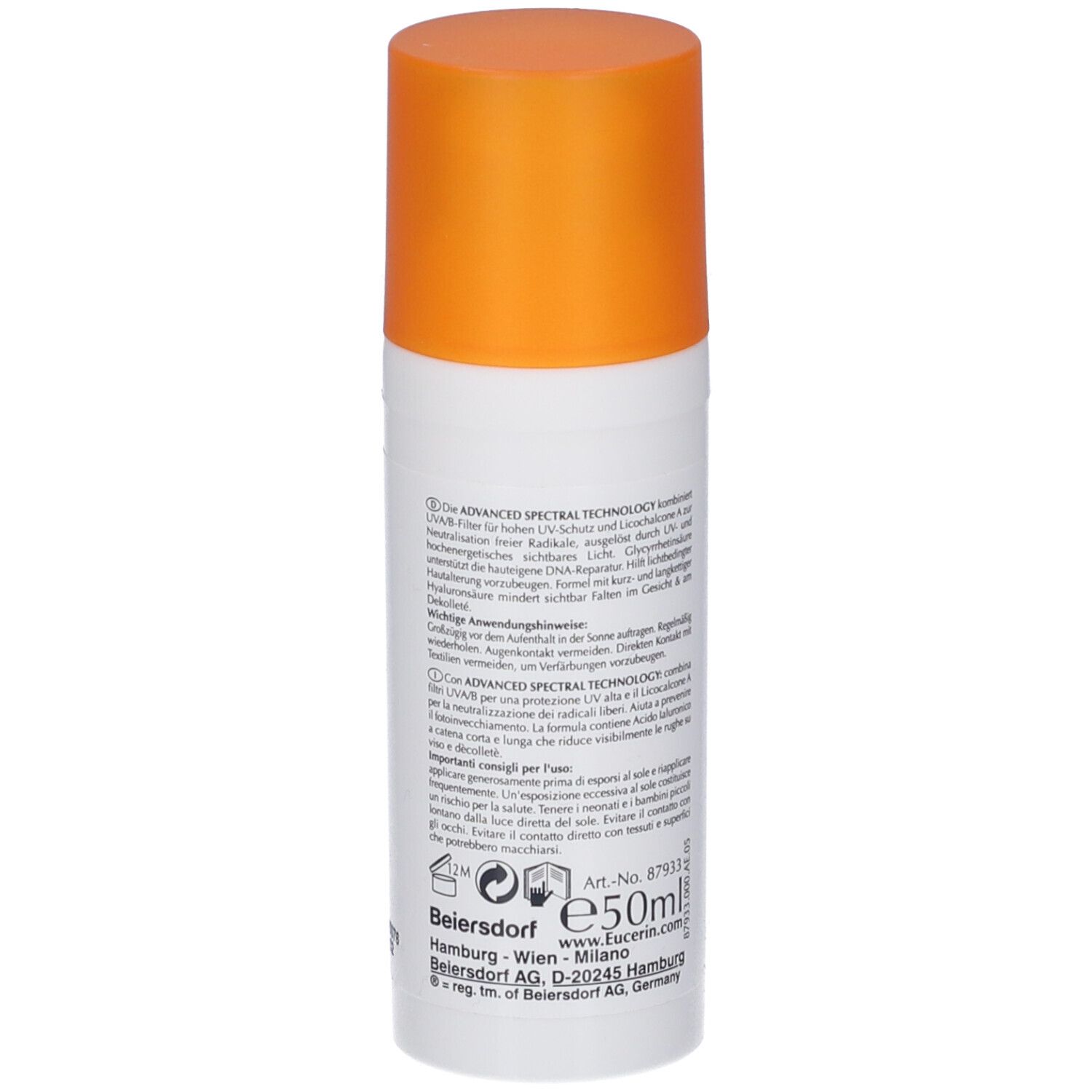 Eucerin Sun Fluid Photoaging Control. Flacon blanc et bouchon orange. Texte et informations au dos.