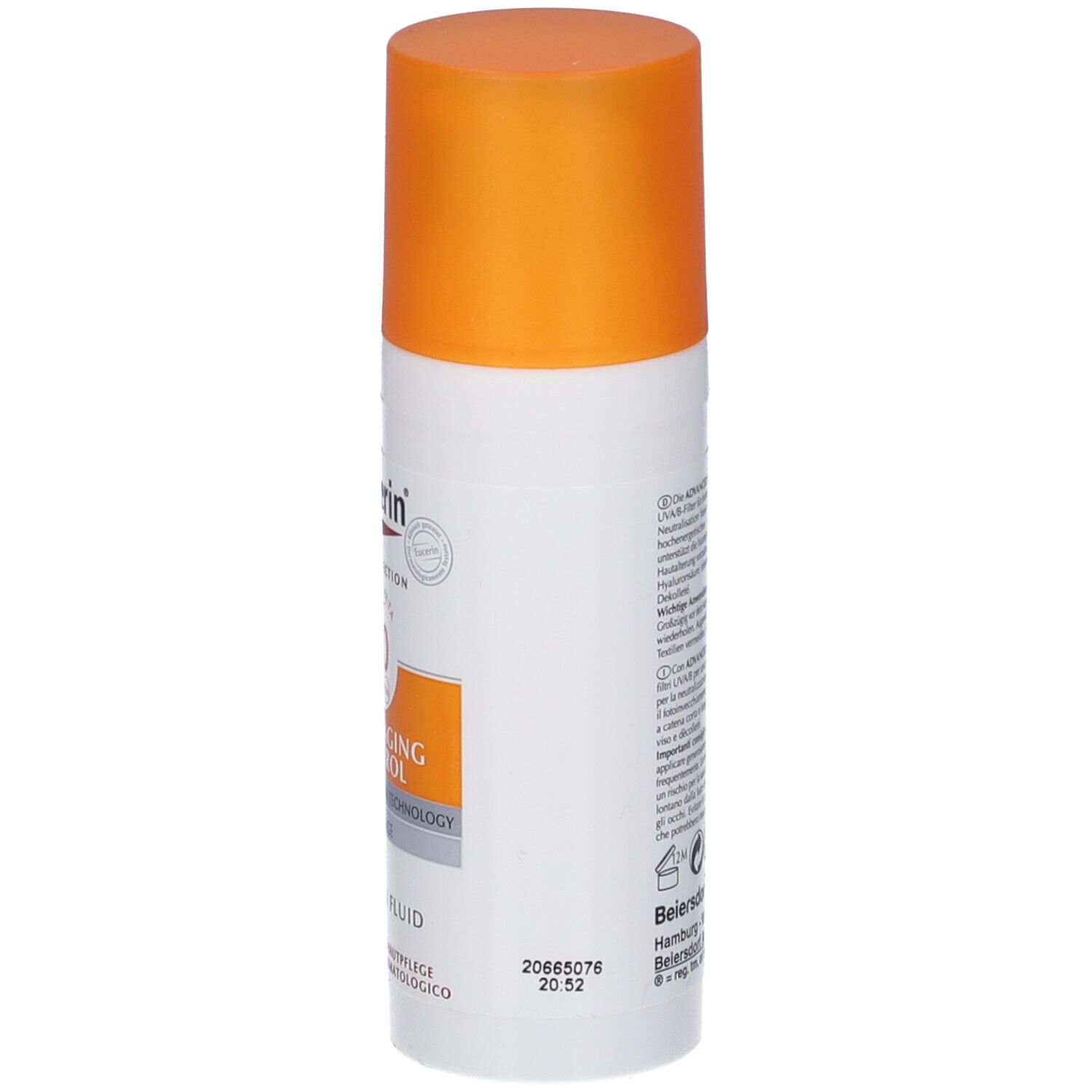 Eucerin Sun Fluid Photoaging Control. Flacon blanc et bouchon orange. Vue détaillée des informations sur le produit.