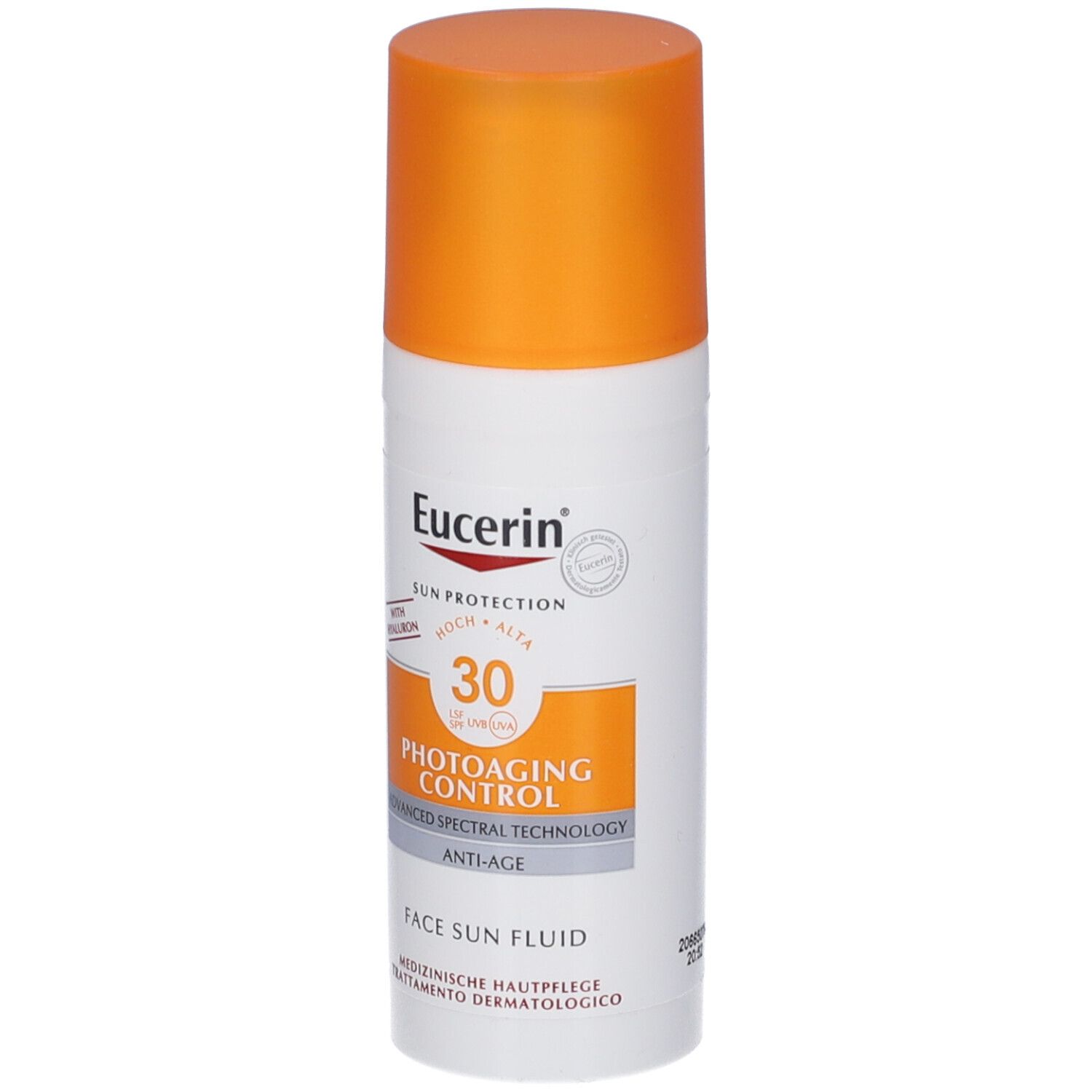 Eucerin Sun Fluid Photoaging Control SPF 30. Flacon blanc et bouchon orange. Nom du produit et SPF clairement visibles.