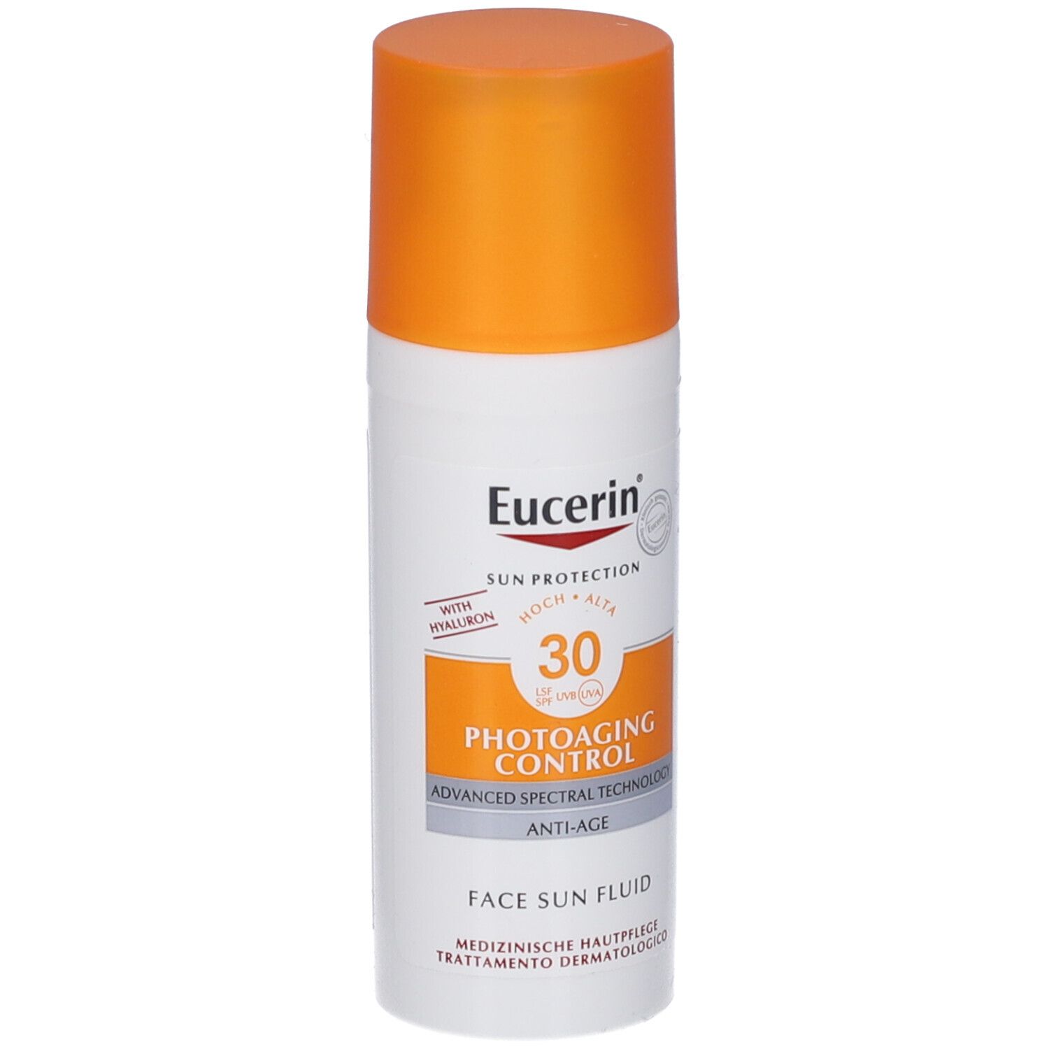 Eucerin Sun Fluid Photoaging Control SPF 30. Flacon blanc et bouchon orange. Nom du produit et SPF clairement visibles.
