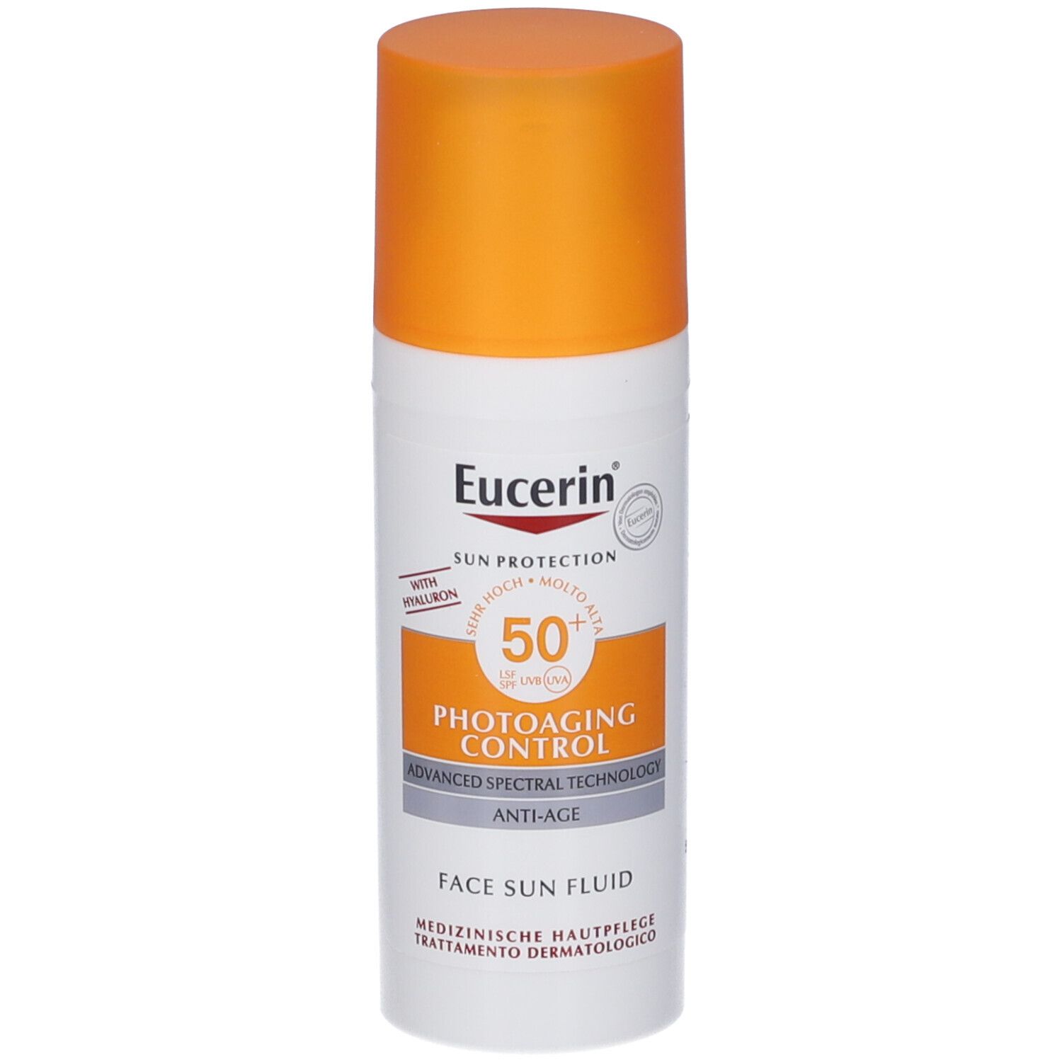 Weiße Flasche mit orangefarbenem Deckel. Eucerin Sun Photoaging Control Face Fluid LSF 50. Text: Mit Hyaluron, Anti-Age.