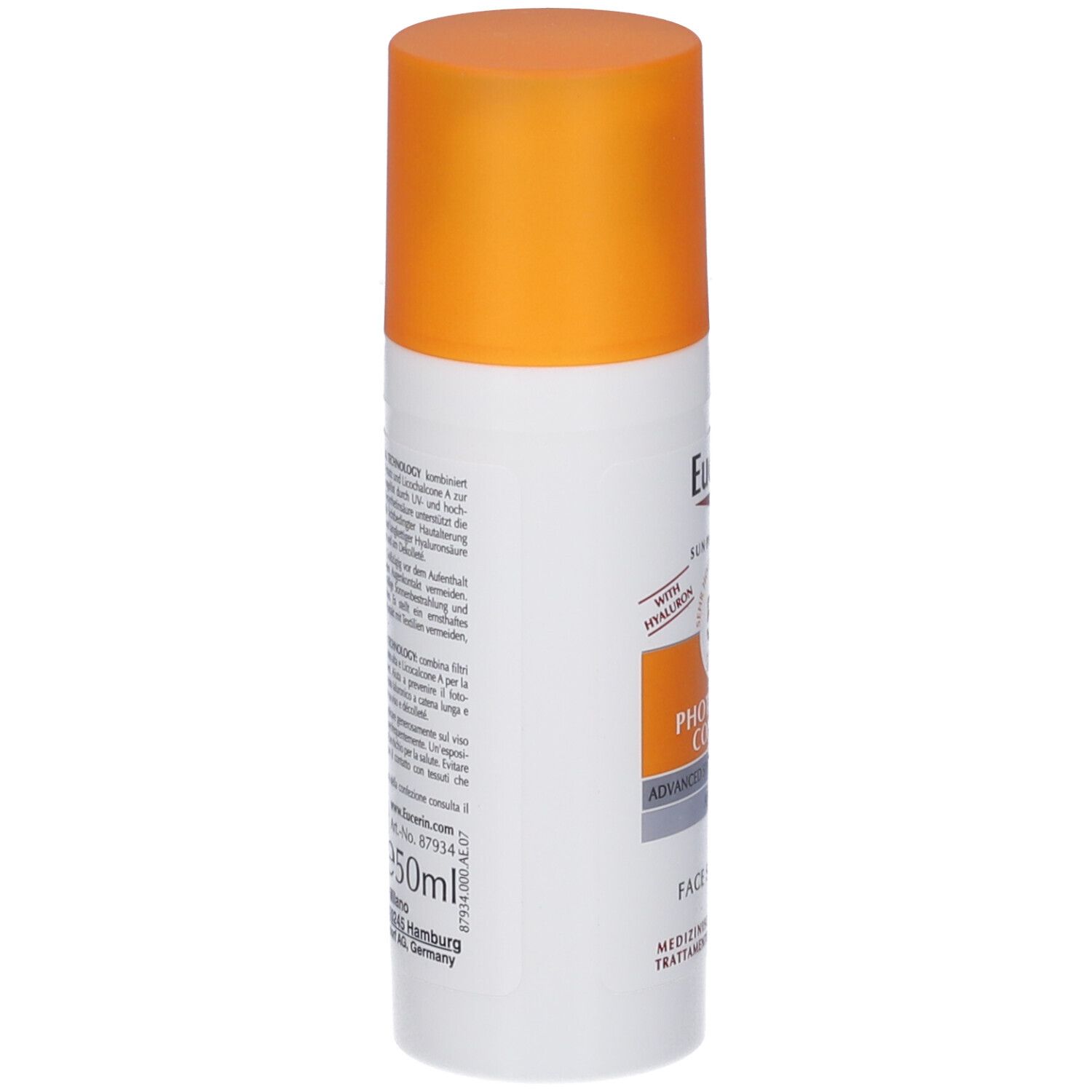 Weiße Flasche mit orangefarbenem Deckel. Rückseite mit Text. Eucerin Sun Photoaging Control Face Fluid LSF 50.